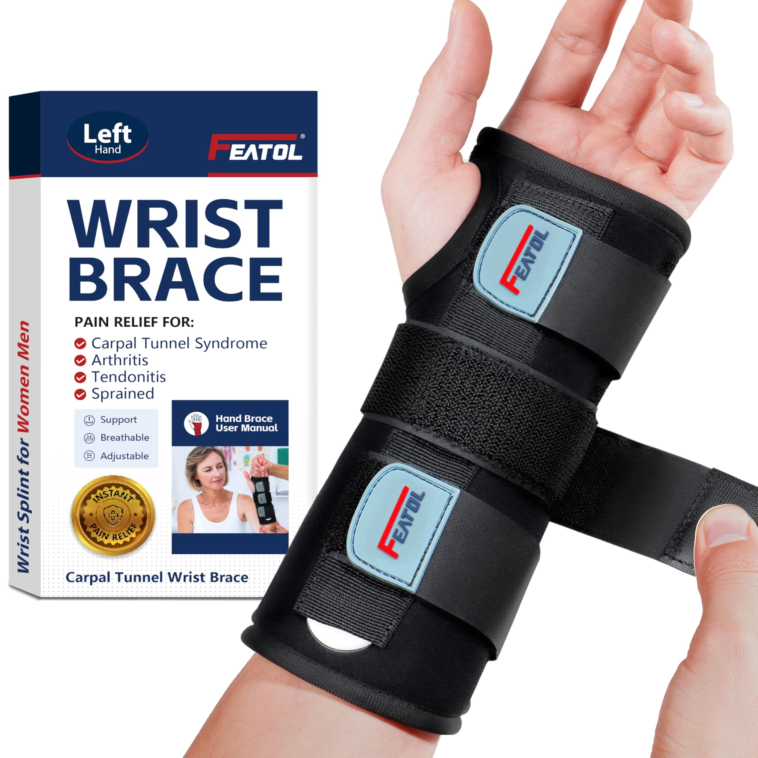 Featol Adjustable Wrist Support Brace with Splints for Carpal Tunnel, Injuries,Wrist Pain, Sprain (M/L, Left)