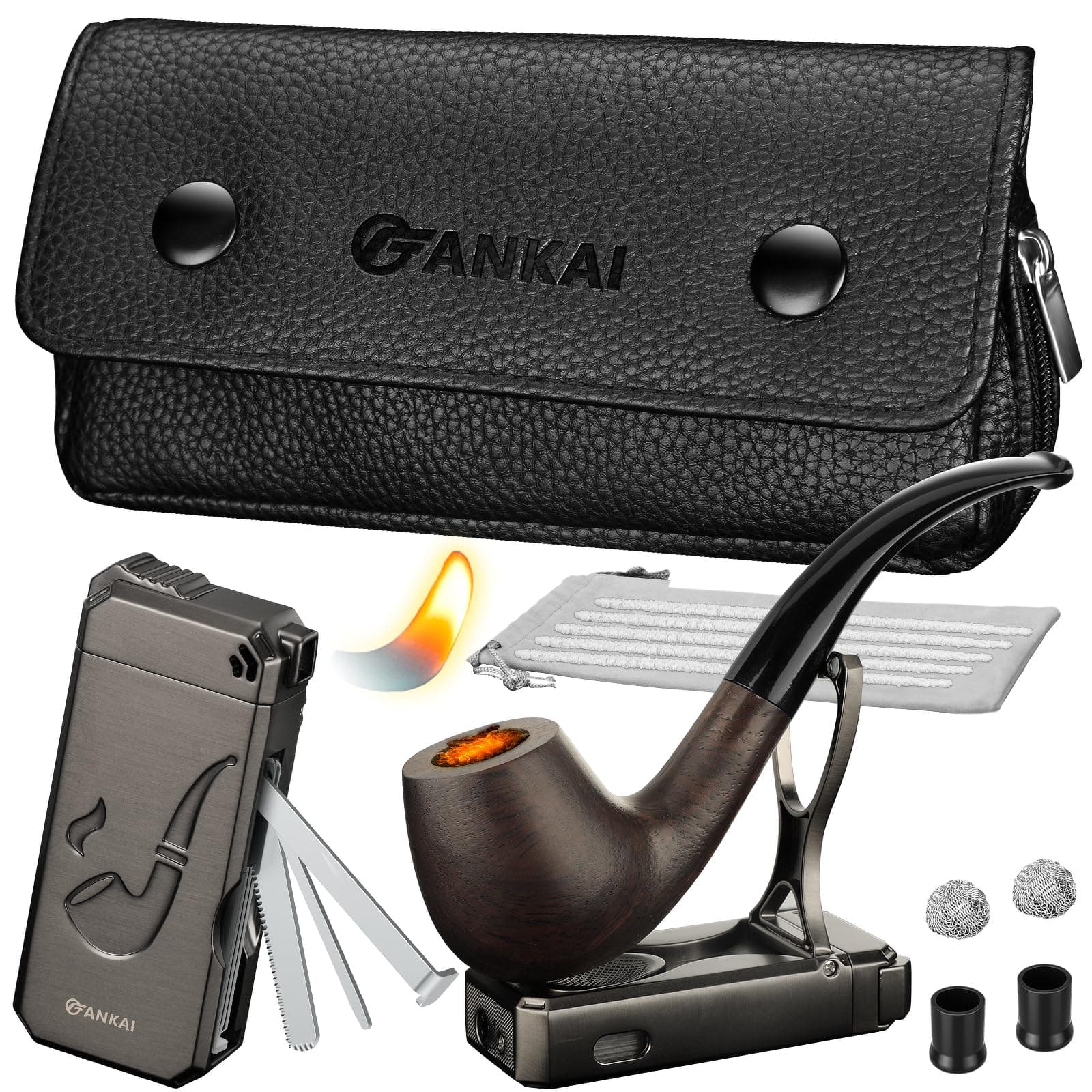 Pipe Set, Pipe Lighter, Pipe Pouch, Wood Pipe with 2 Filter Balls,2 Pipe Bits,5 Pipe Cleaners, Refillable Butane Lighter with Stand, 3 in 1 Cleaning Tools, Pipe Bag for 2 Pipes, Pipe Gift Set (Black)