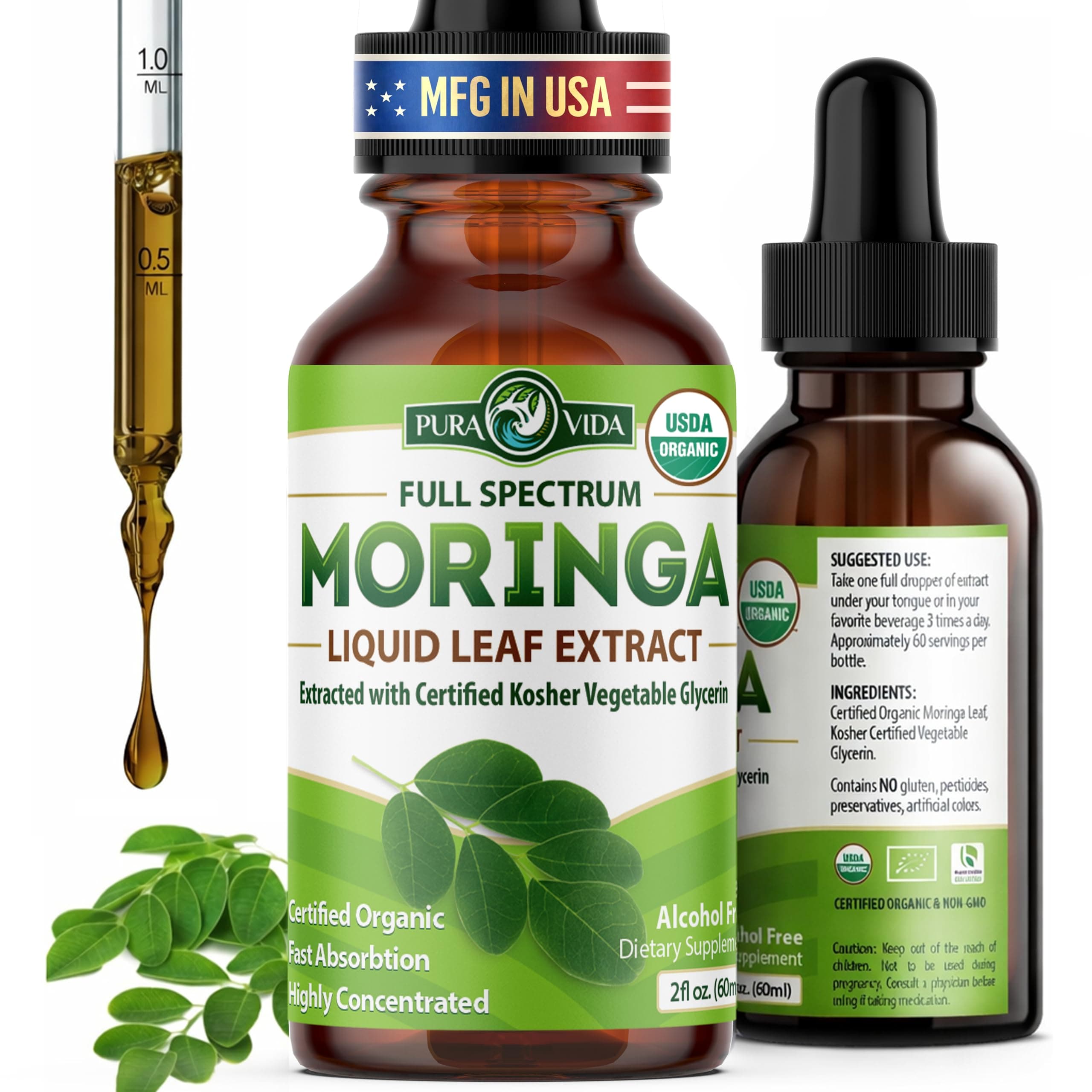 PURA VIDA MORINGA Leaf Extract Liquid Drops - USDA Organic Certified - Highly Purified, Bioavailable & Faster Absorption than Moringa Powder or Capsules - Single Origin Moringa Oleifera Leaves Extract