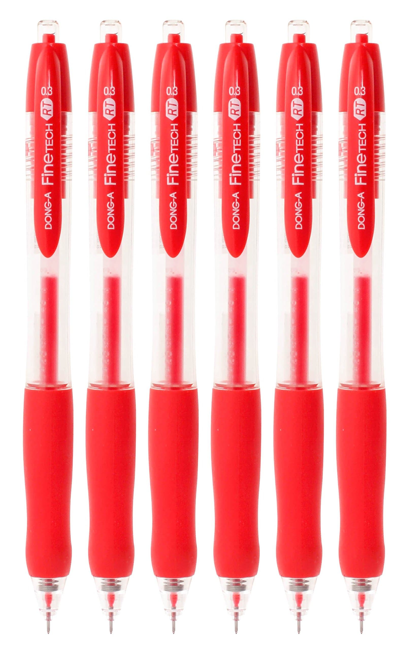 DONG-A Fine-Tech RT, Gel Ink Roller Ball Pens, 0.3mm, Red, Retractable (Pack of 6)