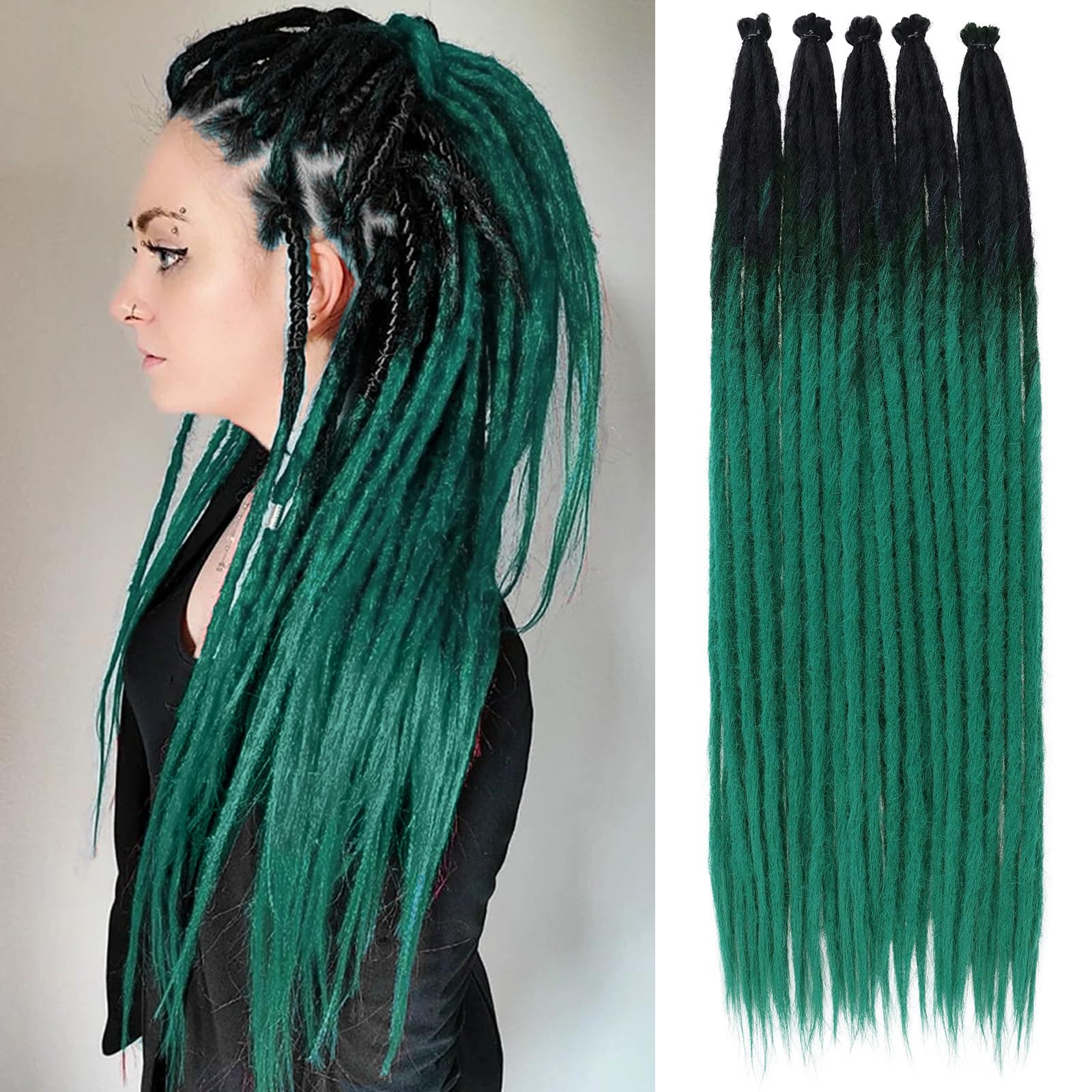 Leeven Black to Green Thin Dreadlock Extensions 24 Inch 20 Strands Synthetic Single Ended Dread Extensions Reggae Style Crochet Hippe Dreads Handmade Soft Loc Extensions for Women Men