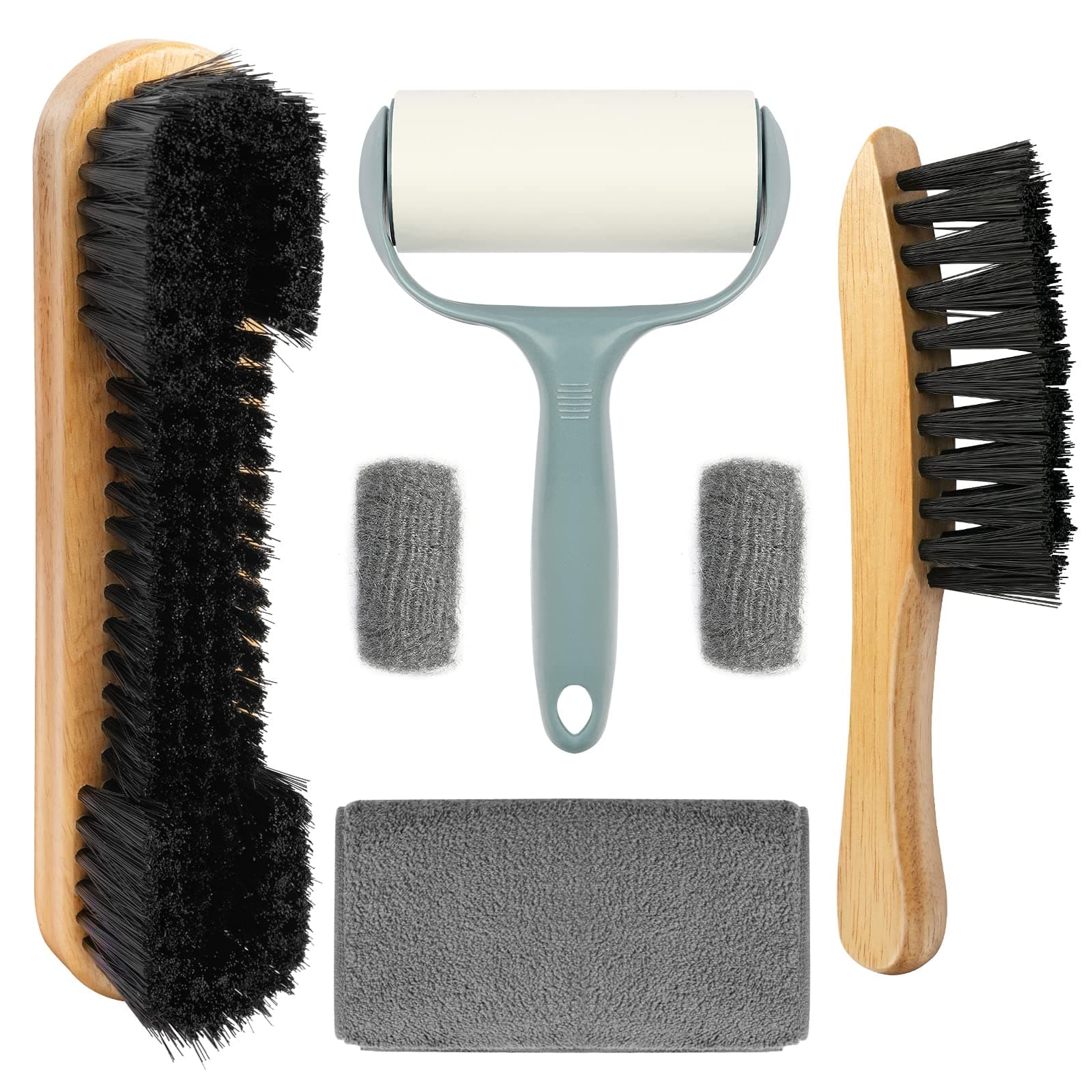 Pool Table & Rail Brush 5 Set, Billiard Pool Table Felt Cleaner Accessories with 2 Wooden Pool Table Brushes, Cue Cleaning Cloth, Ferrule Polish Cloth & Sticky Lint Roller