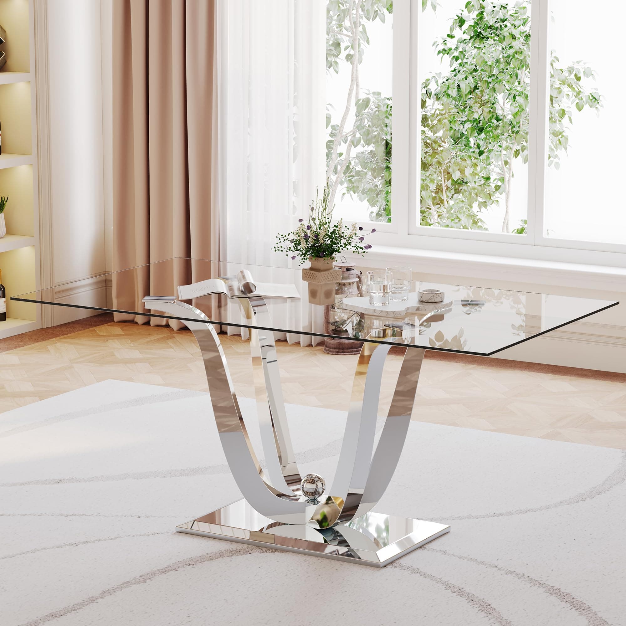 70.08” Rectangle Glass Dining Table, Stainless Steel Dining Table with Tempered Glass Tabletop and W-Shape Stainless Steel Legs, Modern Style Dining Table for Home, Kitchen, Dining Room