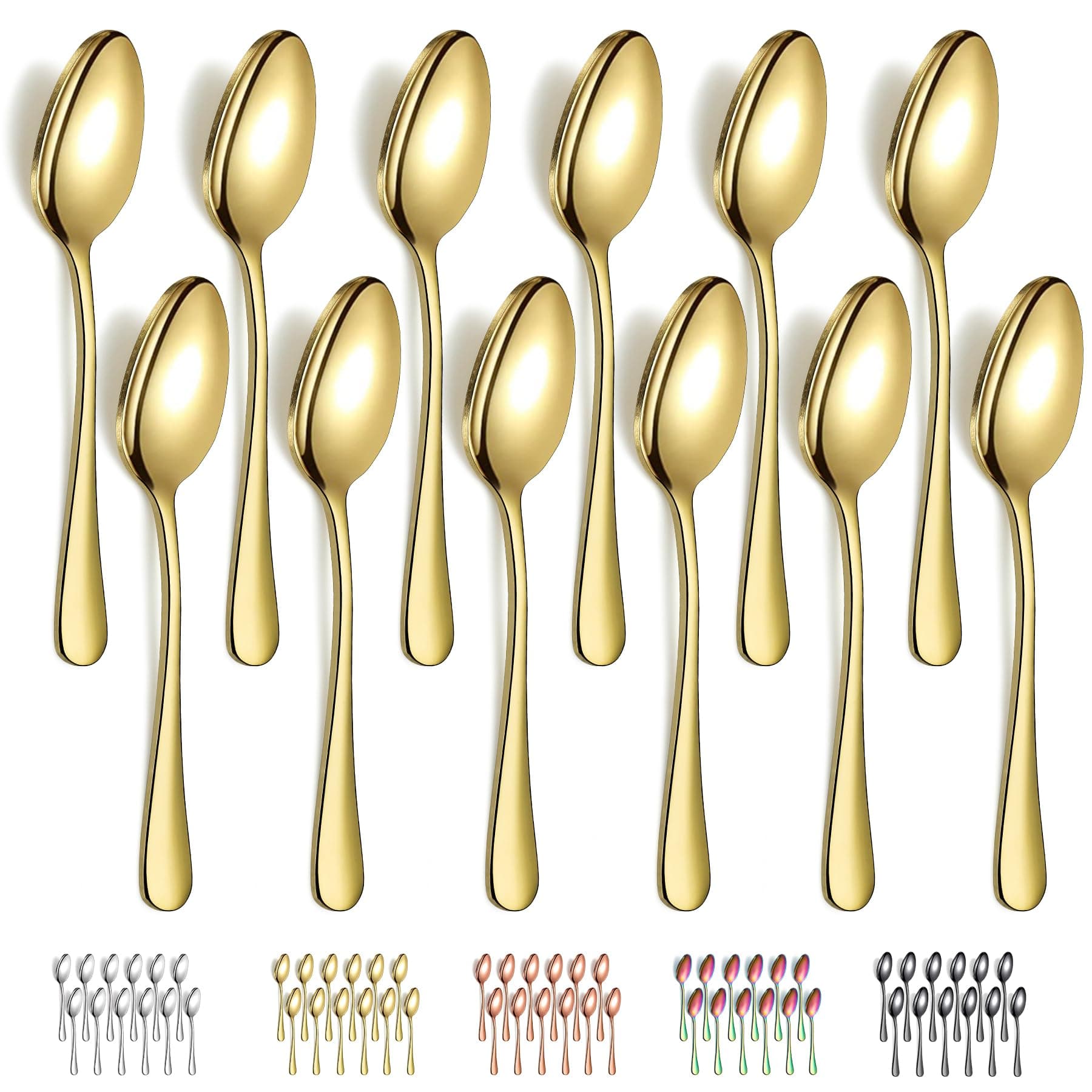 Evanda Gold Dinner Spoons 12 Pieces, Gold Titanium Plating Stainless Steel 18.5cm Spoons, Dessert Spoons, Table Spoon, Soup Spoons, Easy To Clean, Dishwasher Safe