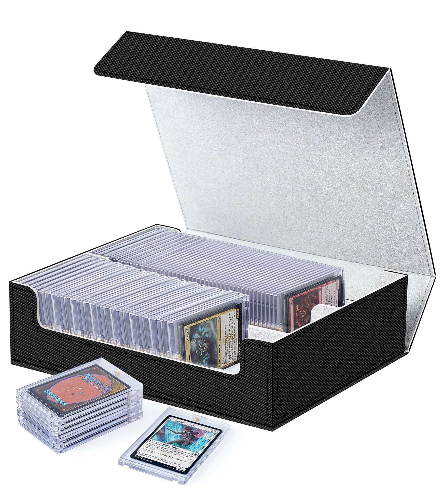 Magnetic Card Holder Box - Top Loader Storage box for Trading Card Magic the Gathering PKM Baseball Sport Card Protector for CCG TCG PTCG MTG Collectors with 2 PCS EVA Foam Divider, Black/Gray