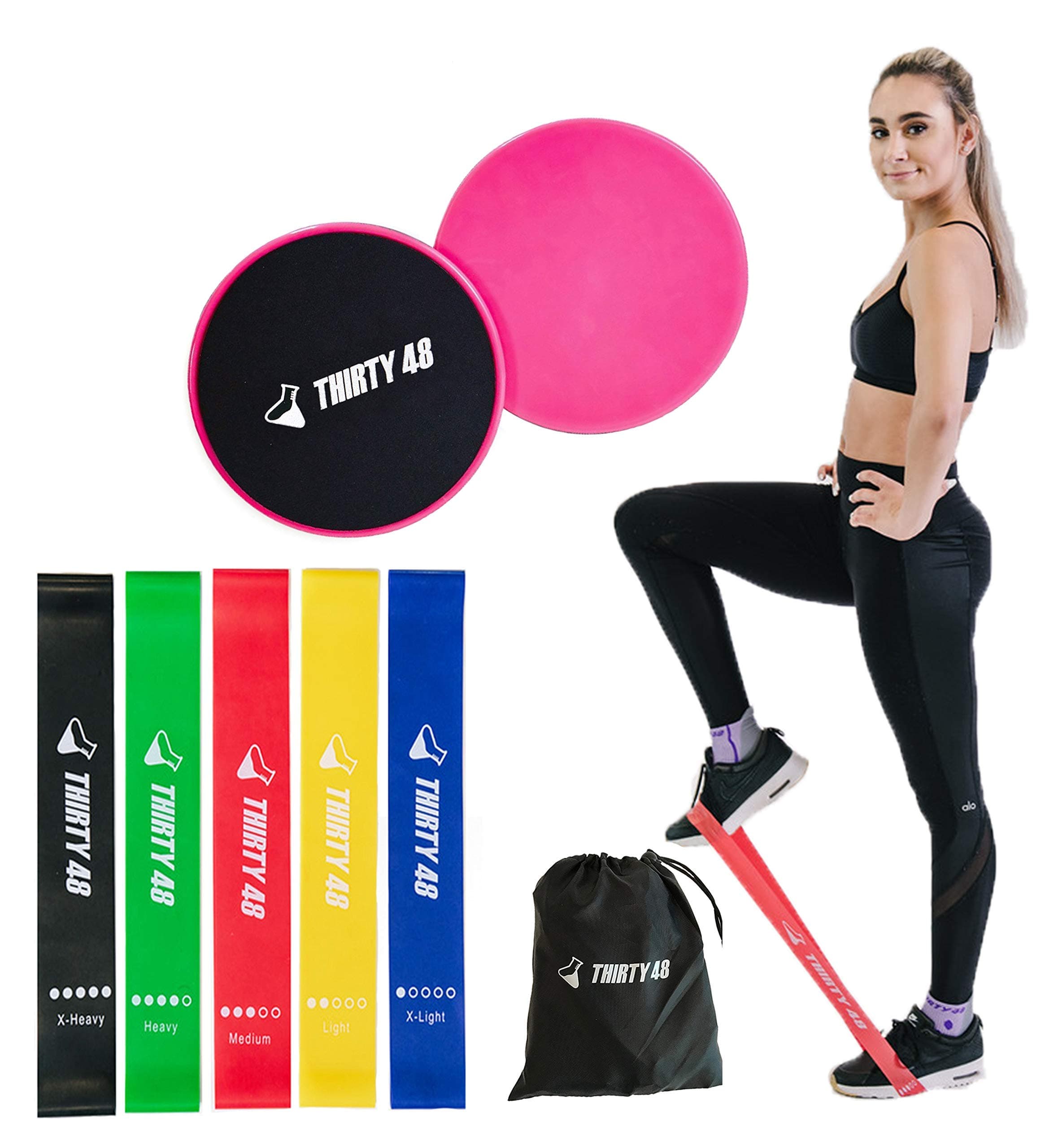 Thirty48Gliding Discs Core Sliders and 5 Exercise Resistance Bands | Strength, Stability, and Training for Home, Gym, Travel | User Guide & Carry Bag