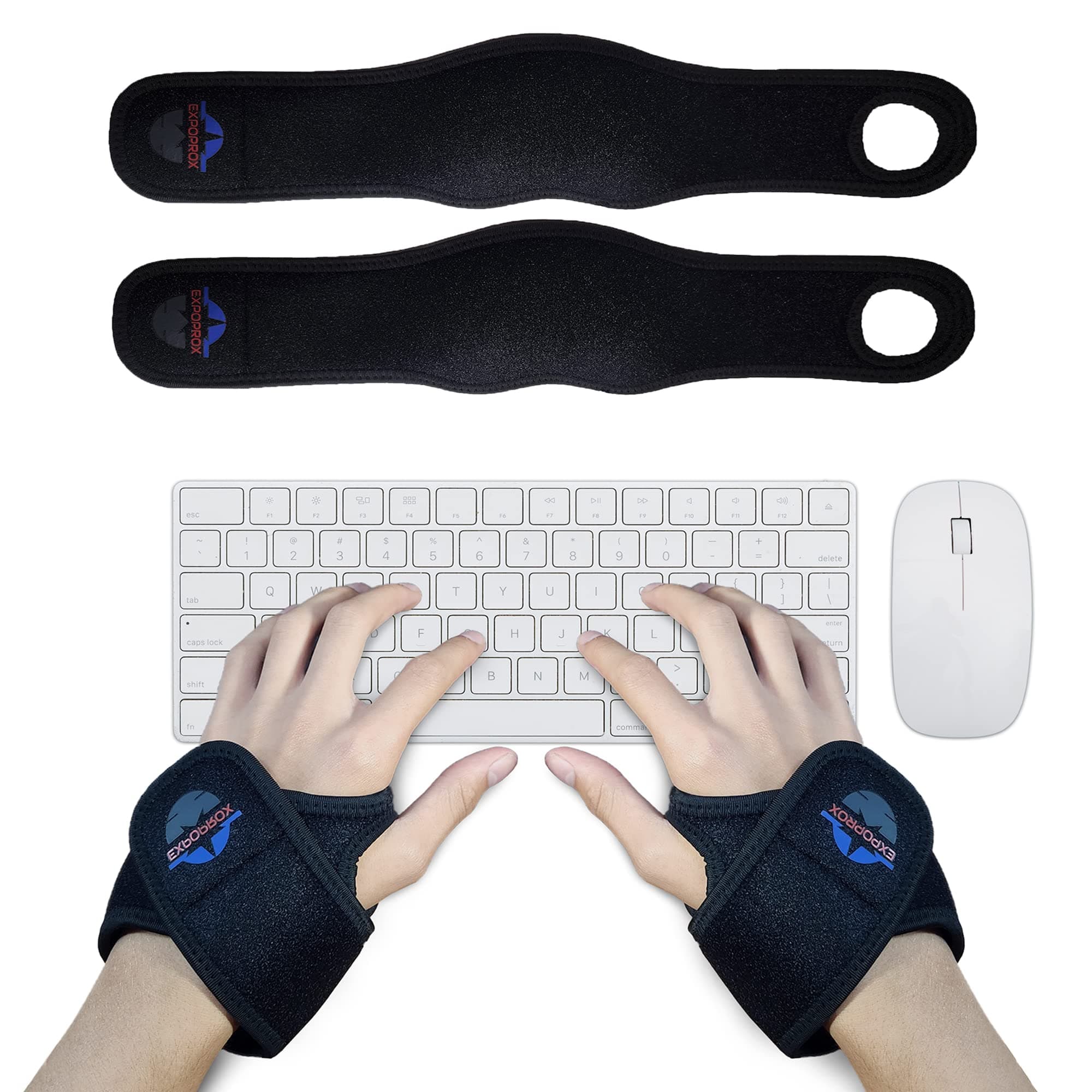 EXPOPROX-Wearable Wrist Rest Pads, 2 Pc. Set, Ergonomic Mouse and Keyboard Support Cushions to Reduce Joint Stress, Tension,Adjustable Fit with Padded Comfort.