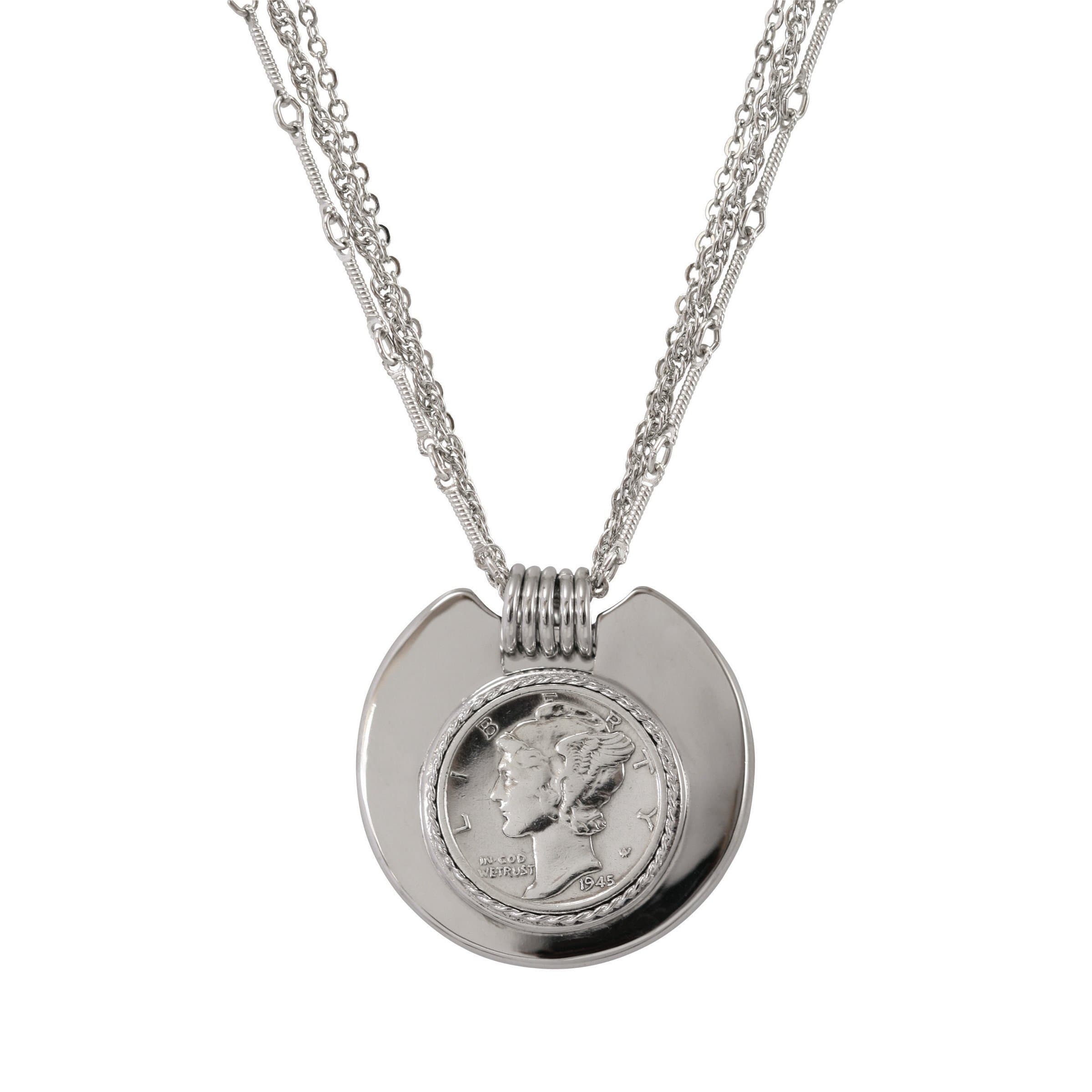 Mercury Dime Silvertone Triple Chain Pendant