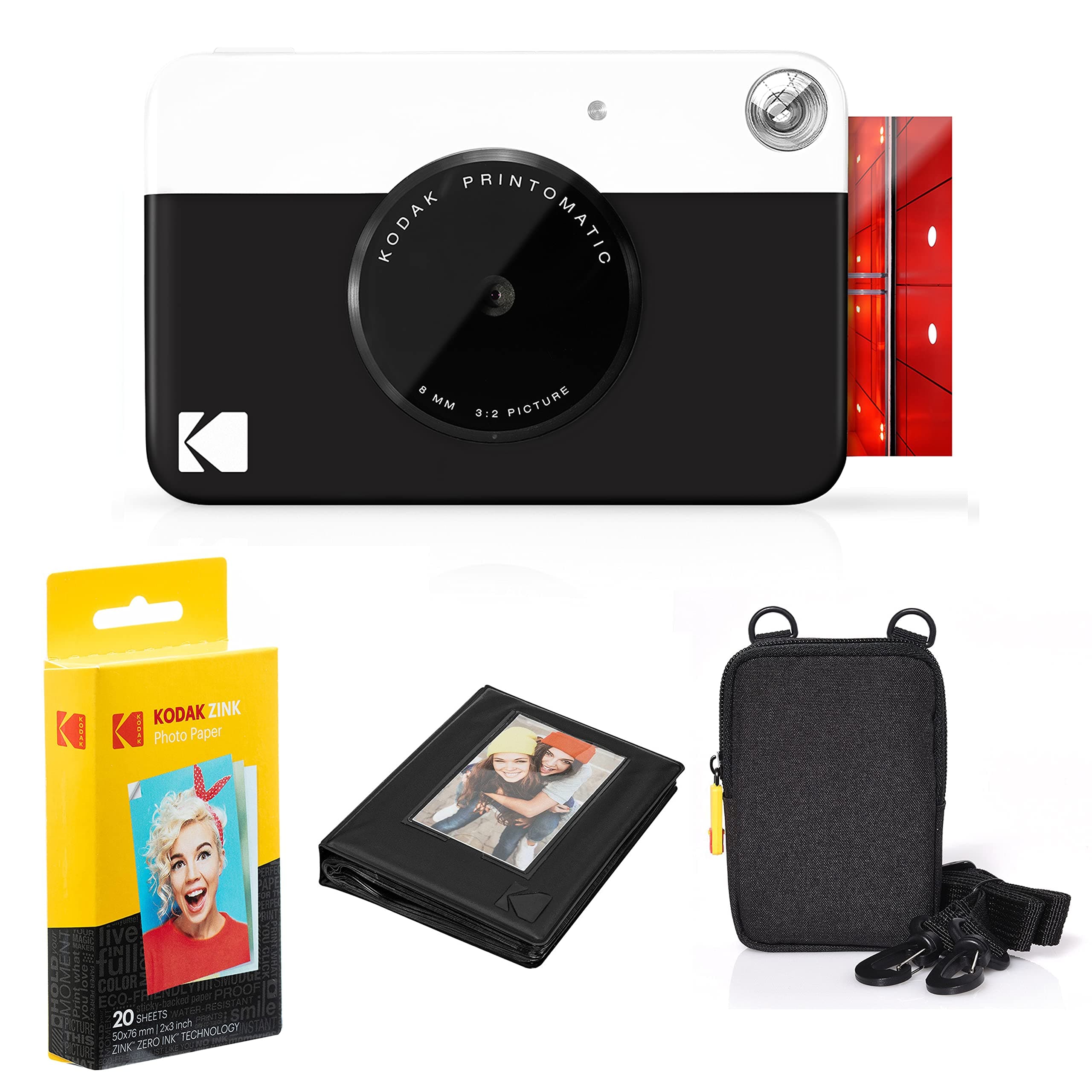 KODAKPrintomatic Instant Camera (Black) Deluxe Bundle + Zink Paper (20 Sheets) Case - Photo Album