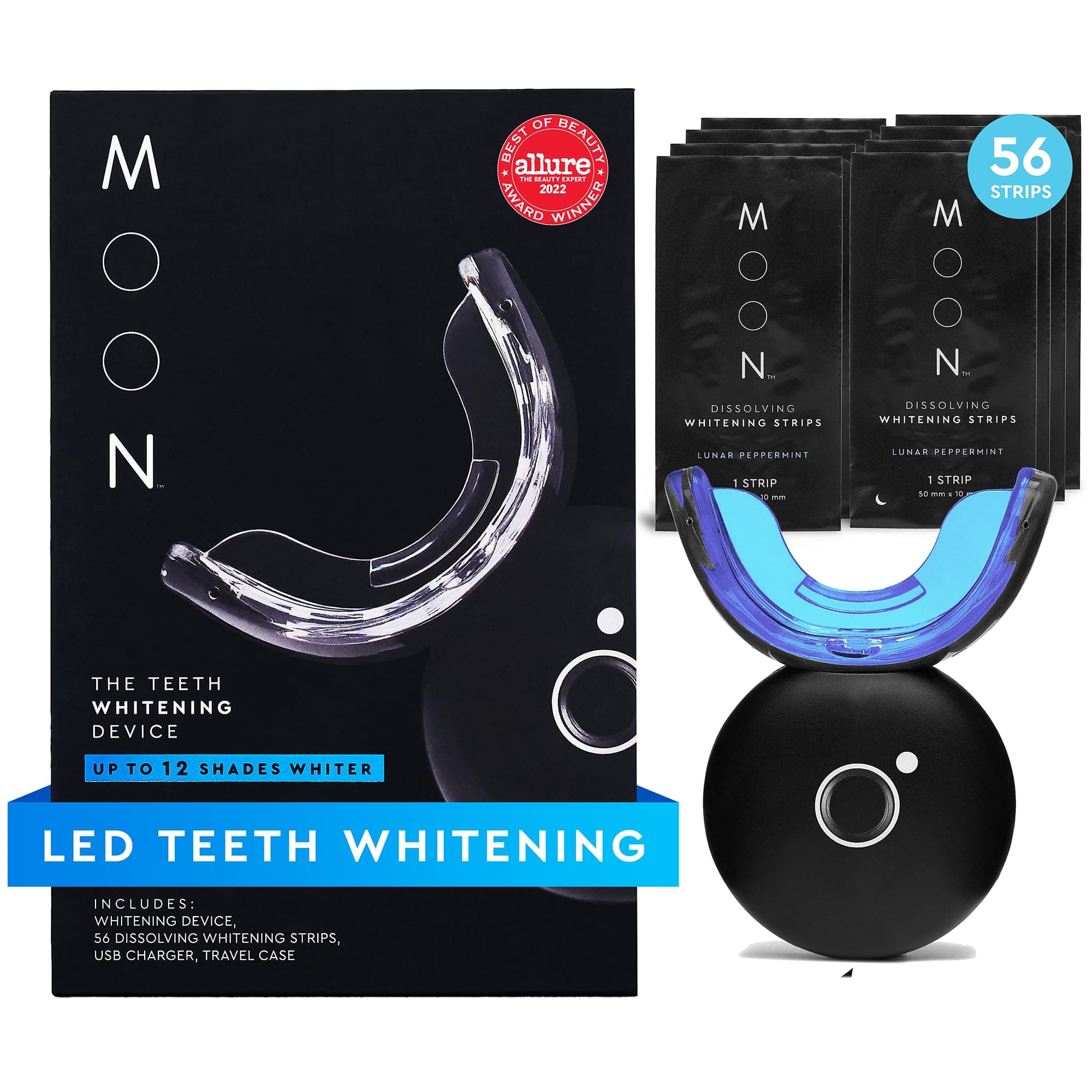 Teeth Whitening Kit, LED Light Teeth Whitener Device, 56 White Strips, USB Charger & Travel Case, Blue Light Whitening Tray Removes Stains & Whitens Up to 12 Shades in 2 Weeks (4 Piece Kit)
