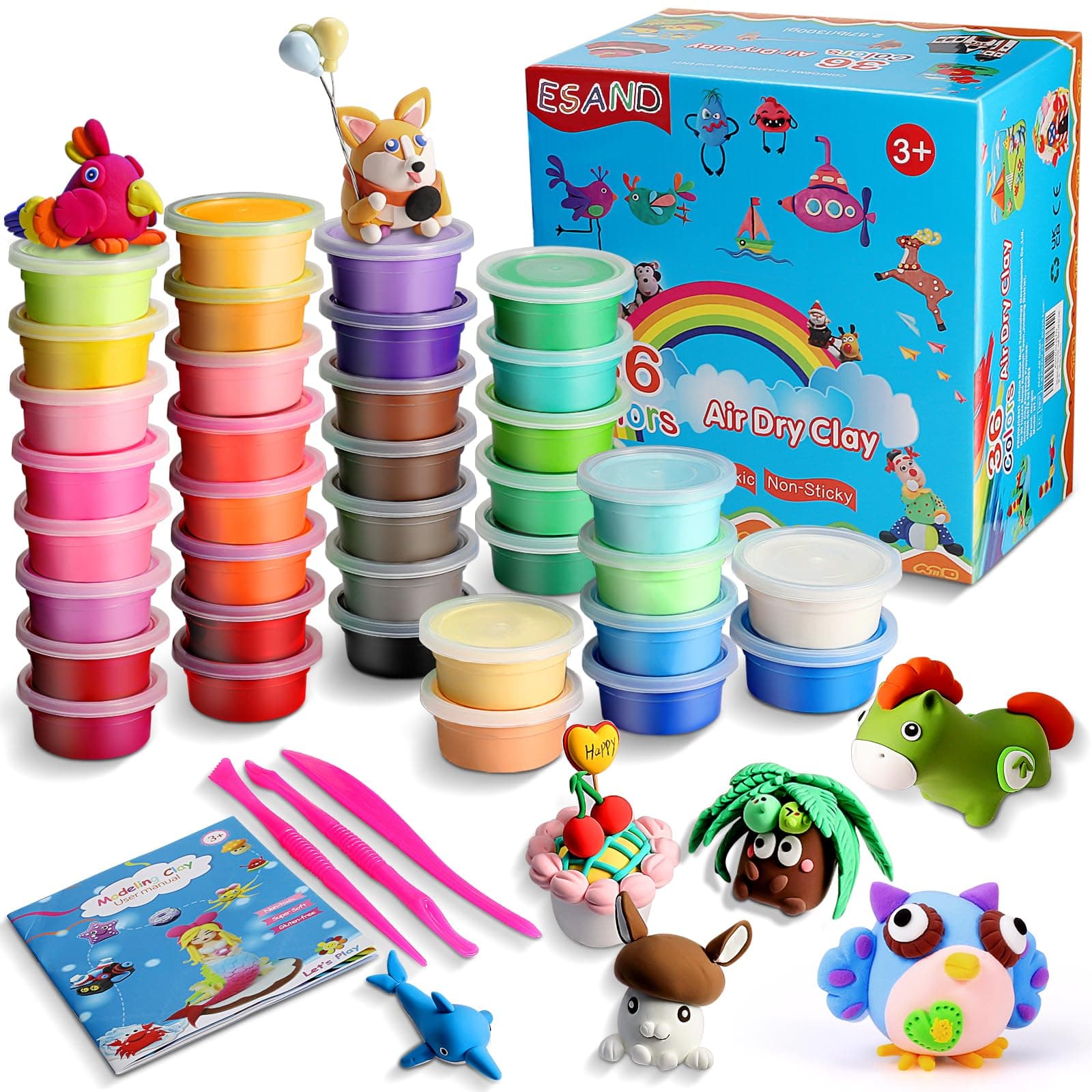 iFergoo ESAND Air Dry Clay - 36 Colors Modeling Clay Best Gift for Kids, Ultra Light Magic Modeling Clay with Modeling Tools and Project, No-Sticky and Non-Toxic