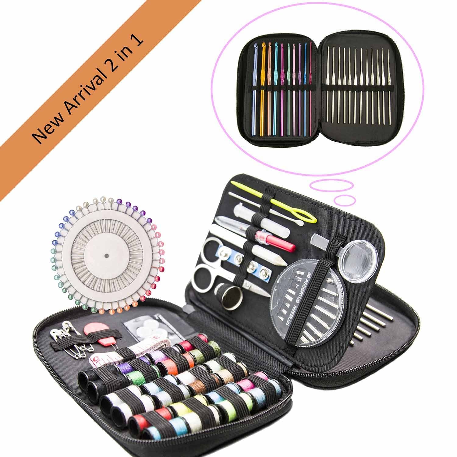Sewing Kit,Crochet Hooks, 2 in 1, A Practical Gifts for Whole Family, Mom, Kids / 24 Spools of Thread, 22 Sizes 0.6mm-6.5mm Knitting Needles Kit, Mini Travel Emergency Sewing Kit