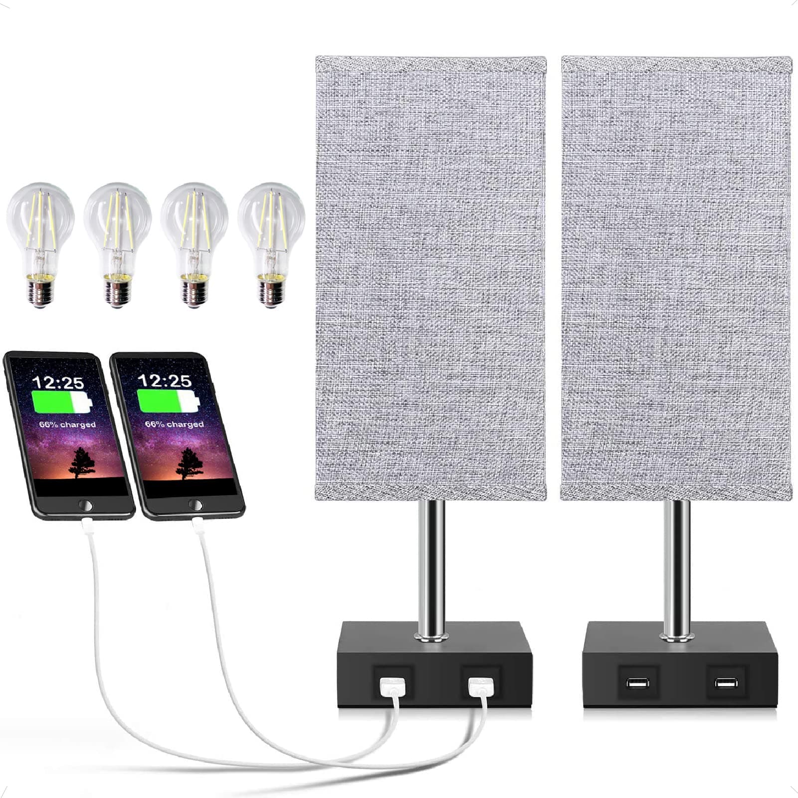 Set of 2 Touch Table Lamp with Bulbs, Grey Bedside Table Lamp with USB Charging Ports for Bedroom Living Room Gift, 2 Nightstand Lamp with 4 Bulbs