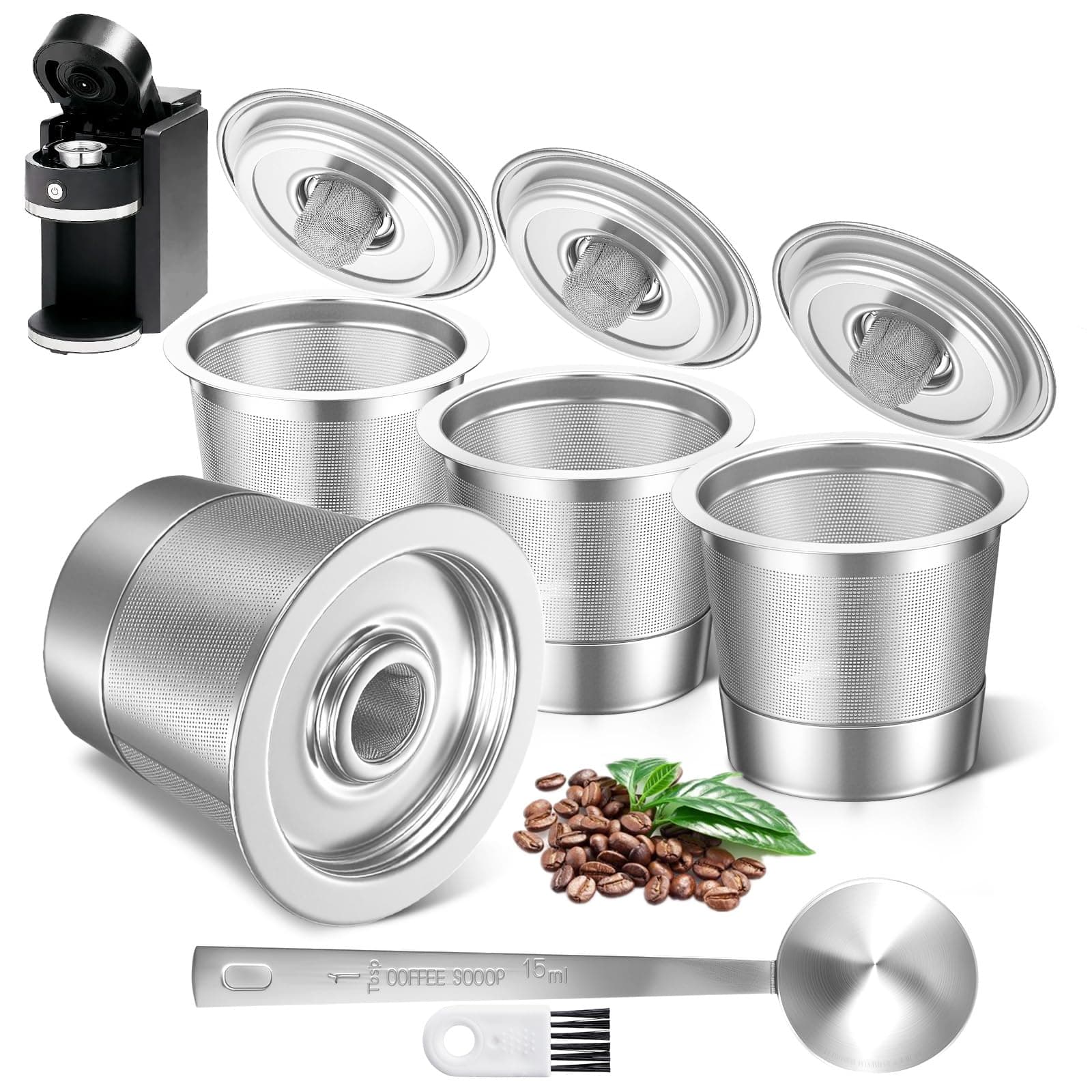 4 Pack Reusable K Cups Filter Fit for Keurig 1.0 Maker, Stainless Steel Refillable Coffee Pods for Keurig, Reduce Overflow, BPA-Free, Come with 15mL Scoop, Cleaning Brush & Extra 8 Rubber Rings