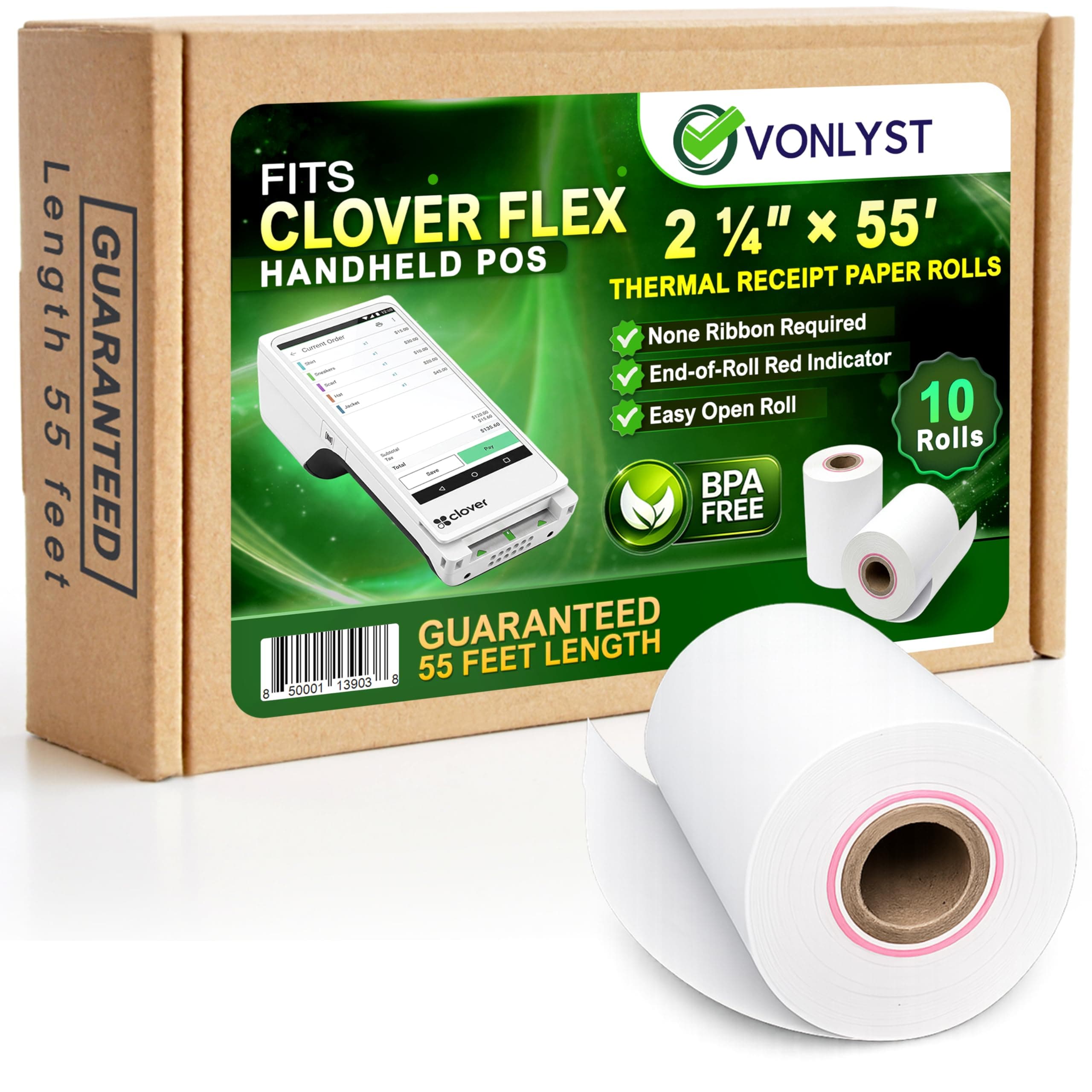Clover Flex Paper Rolls 2 1/4" x 55’ Thermal Receipt Paper – 10 Rolls Pack - BPA Free POS Printer & Credit Card Machine Compatible C400 C401 C403 C405 C406