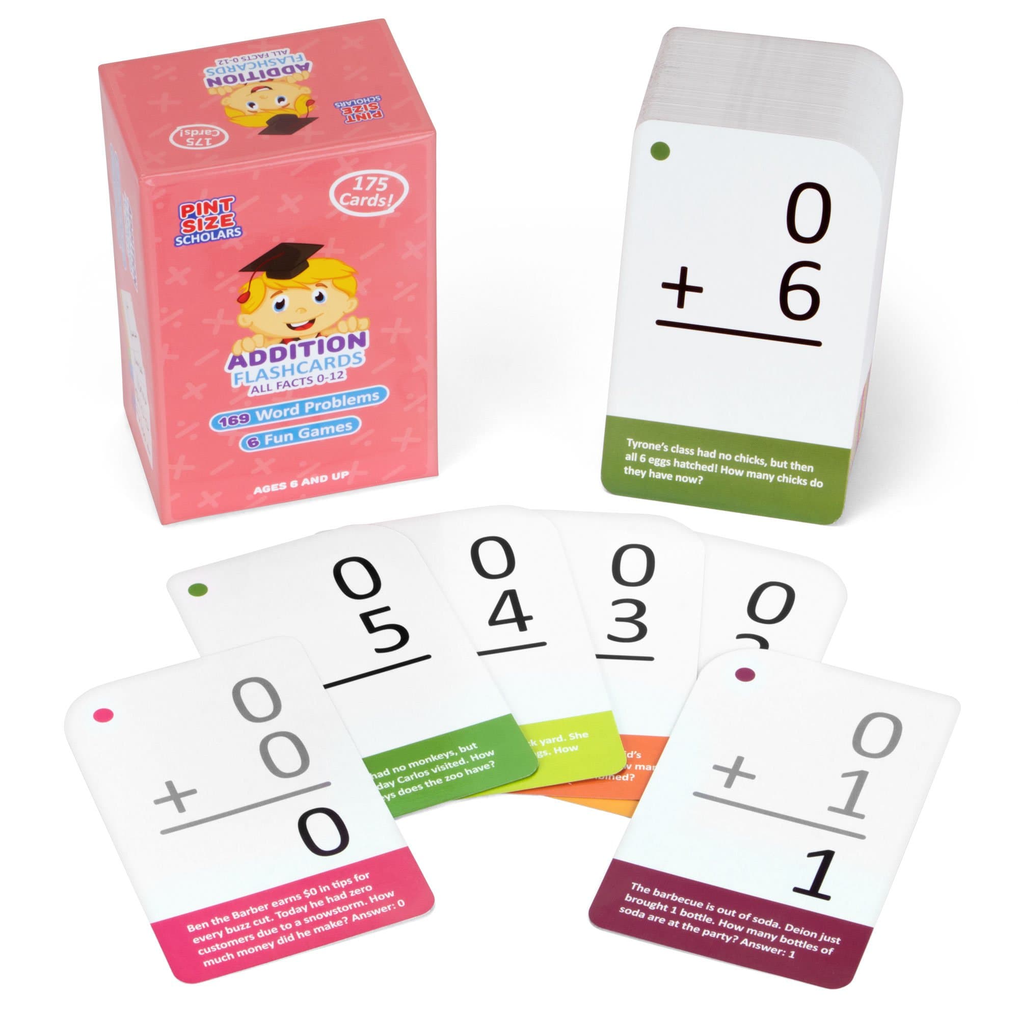 Addition Math Flash Cards with Word Problems - 175 Self-Checking Cards, All Facts 0-12 for Early Grade Teaching by Pint-Size Scholars
