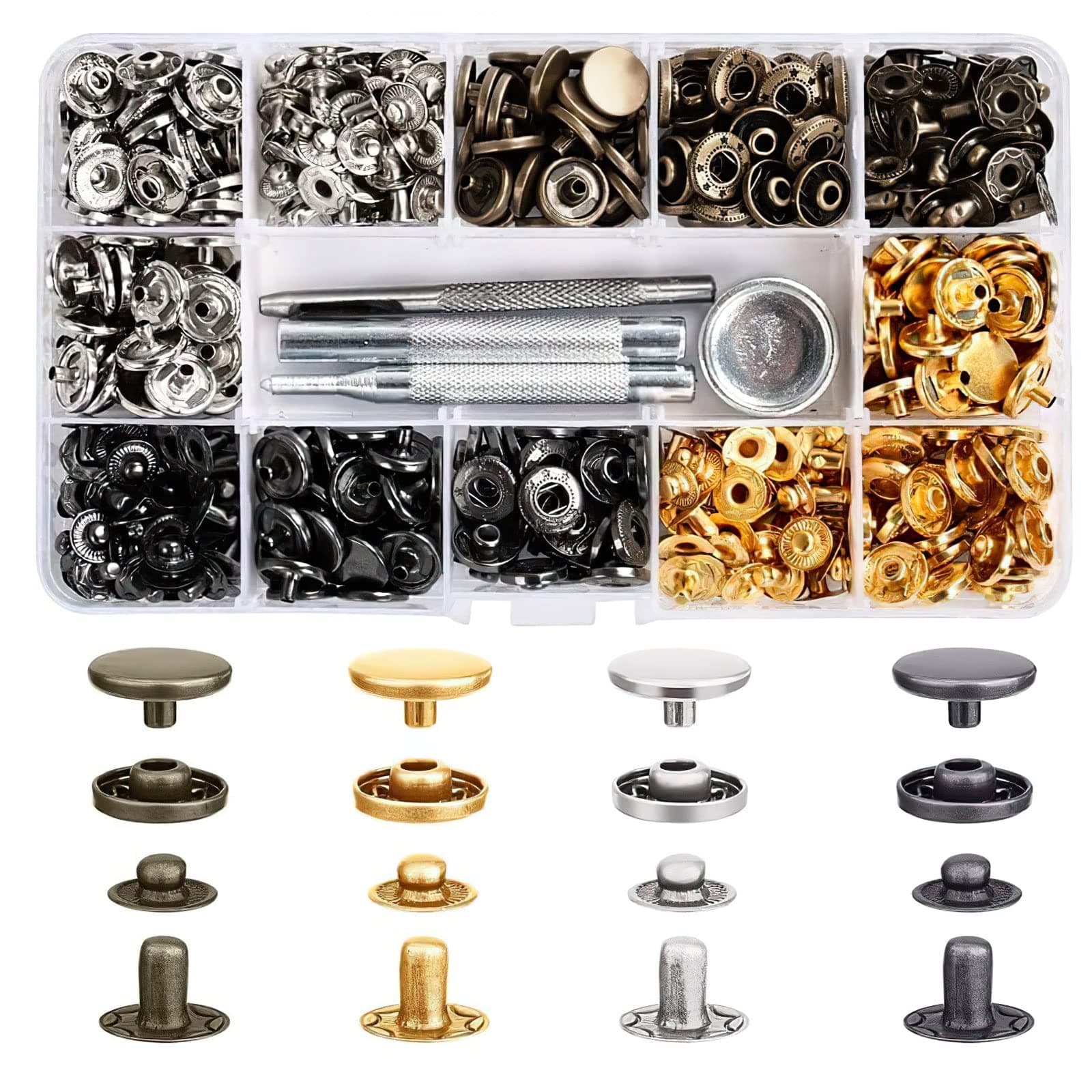 Leather Snap Fasteners, 100 Sets Metal Press Studs Snap Fasteners Clothing Snaps Buttons 12.5mm with Installation Tools for Coats, Jacket, Jeans, Bags, Wallet, Bracelets, 4 Colors