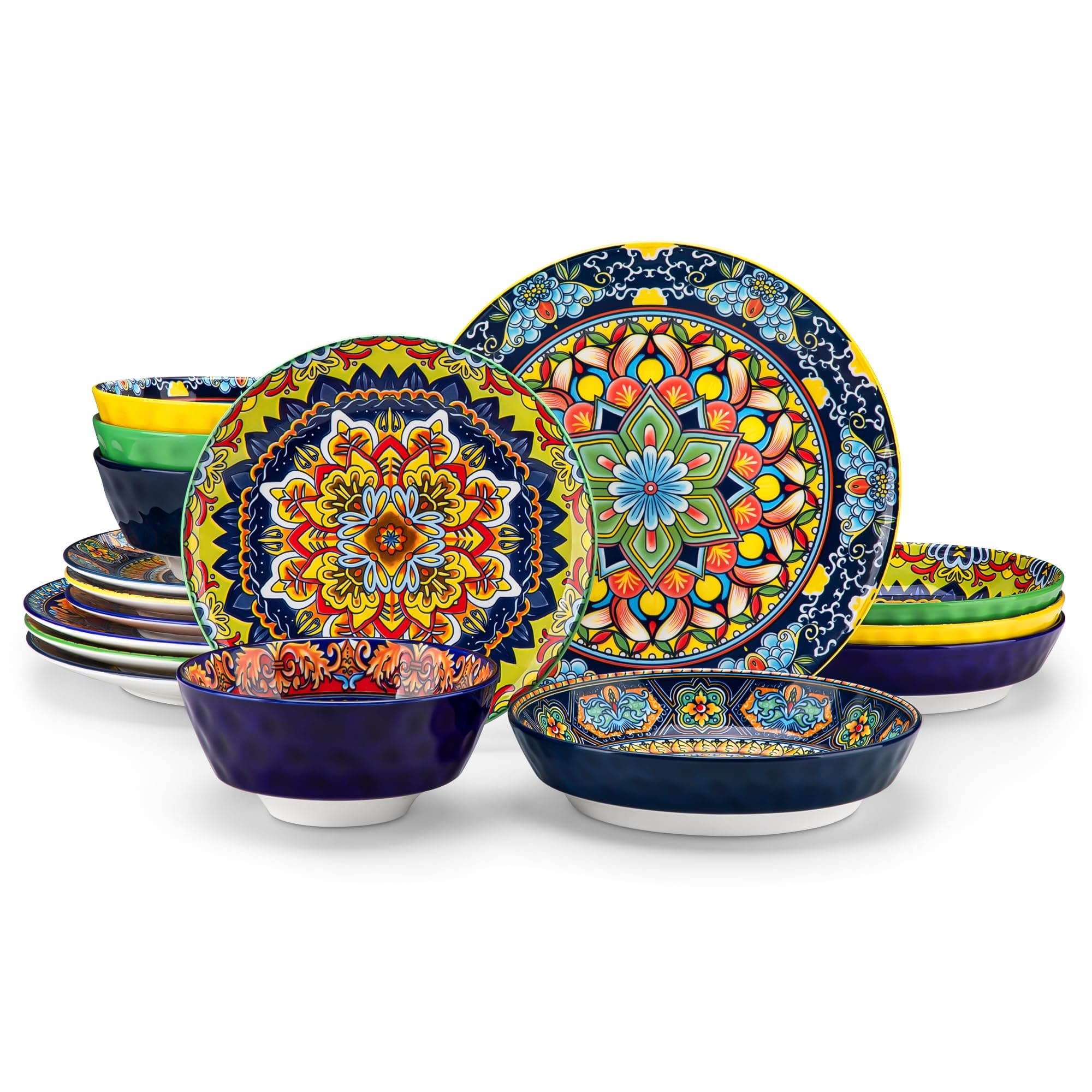 vancasso 16 Pieces Plates and Bowls Set, Bohemian Style Dinnerware Sets Service for 4, Porcelain Boho Dishes Set for Kitchen, Housewaring Gift, Dishwasher and Microwave Safe, Series KRVI