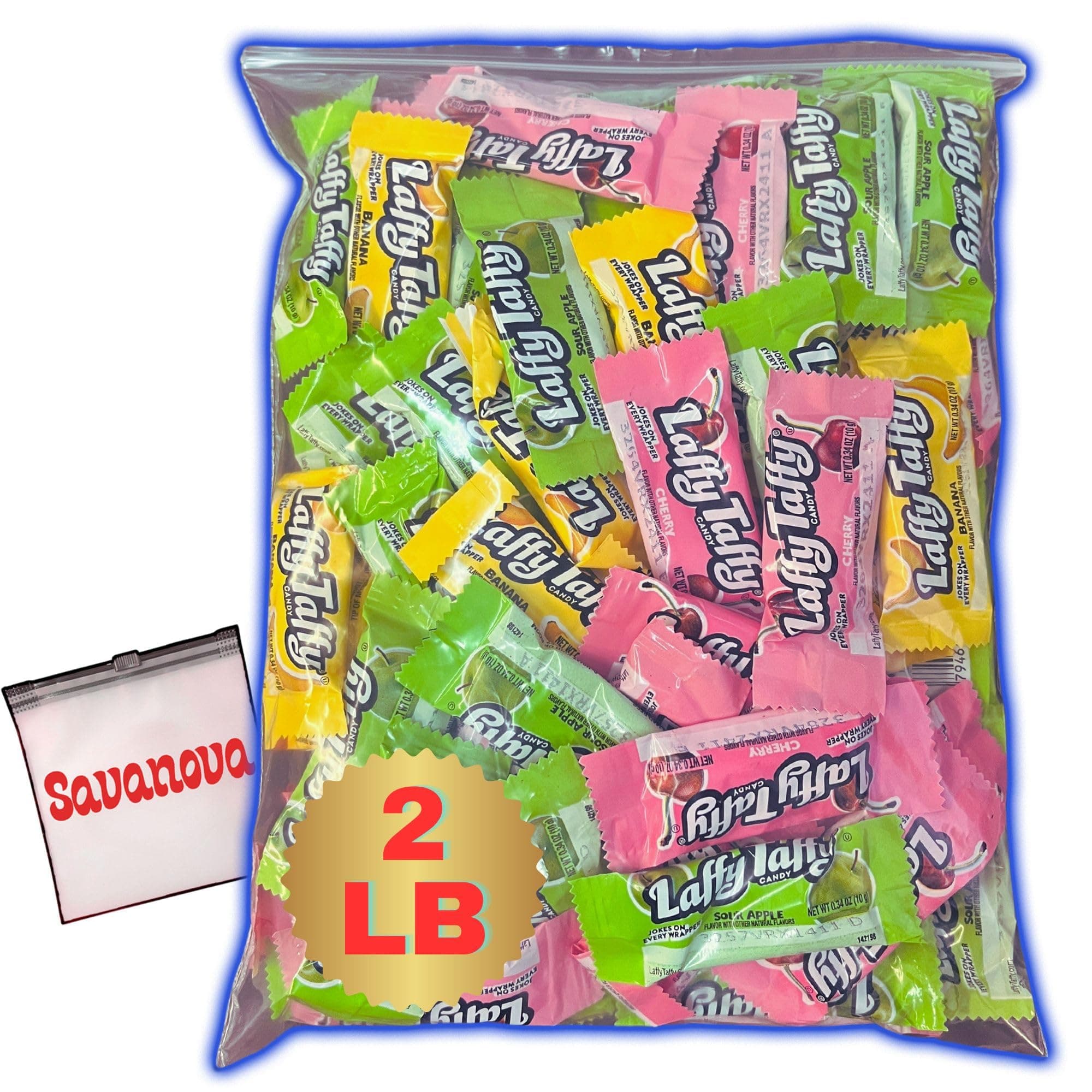 Taffy Bulk Candy - 2 Pound - Assorted Flavors Mini Taffy Wrapped Banana, Cherry and Sour Apple - Bundle with Savanova Resealable Pouch