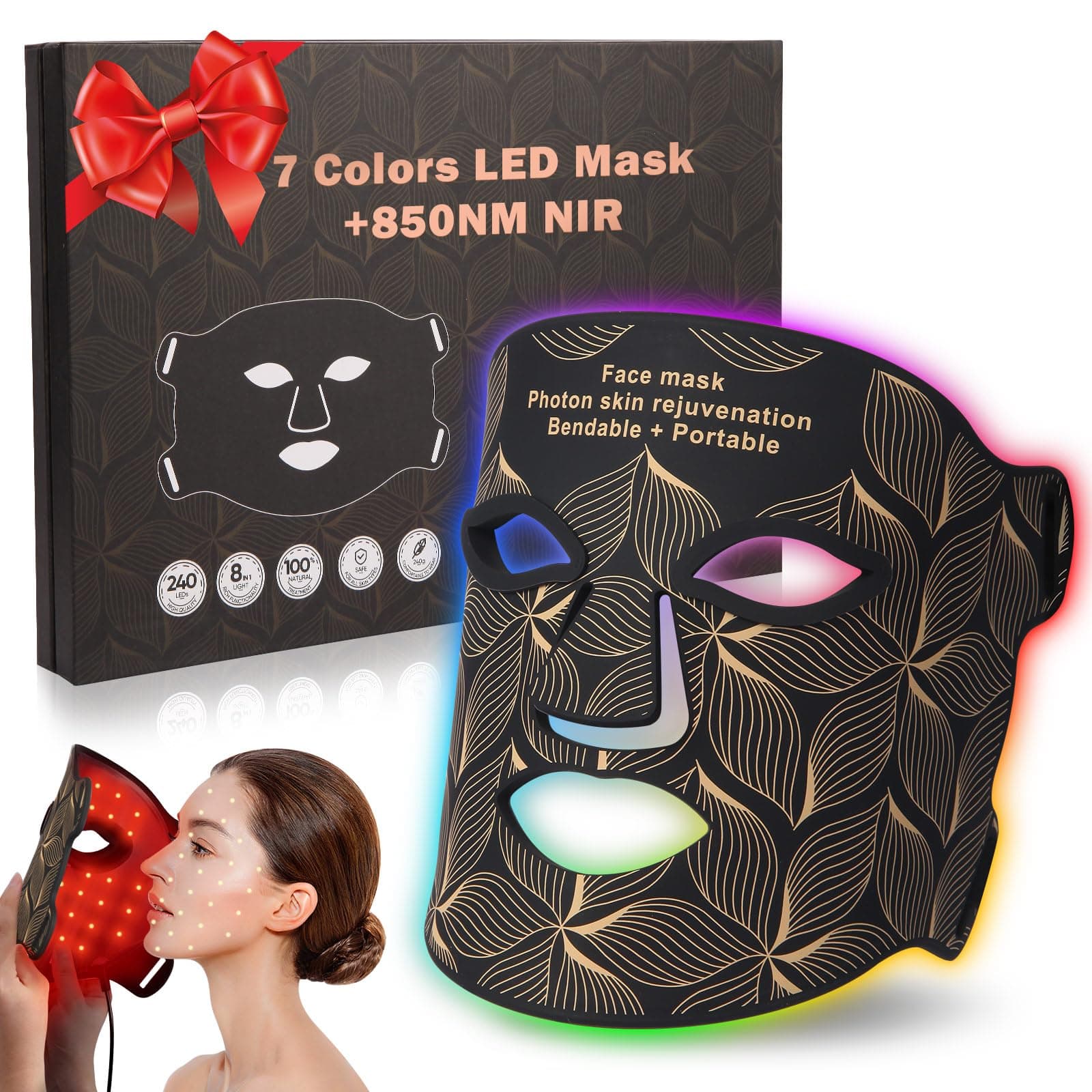 Red Light Therapy for Face, 8 Colors LED Face Mask Light Therapy with 850NM Near-infrared, Portable Rechargeable Red Light Therapy Mask Skin Care Device at Home and Travel for Anti-Aging, Black