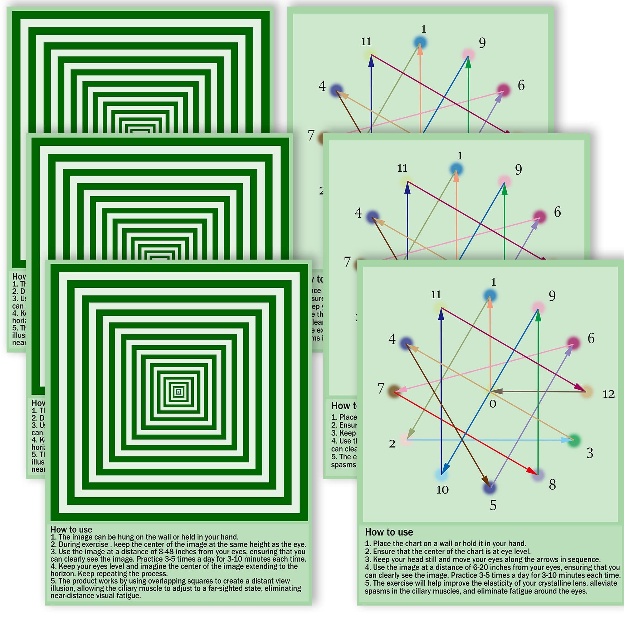SADIKALO 6-Pack Eye Exercise Chart - Visual Muscle Relaxation Wall Art for Home, School, & Office - Waterproof Posters & Desk Signs