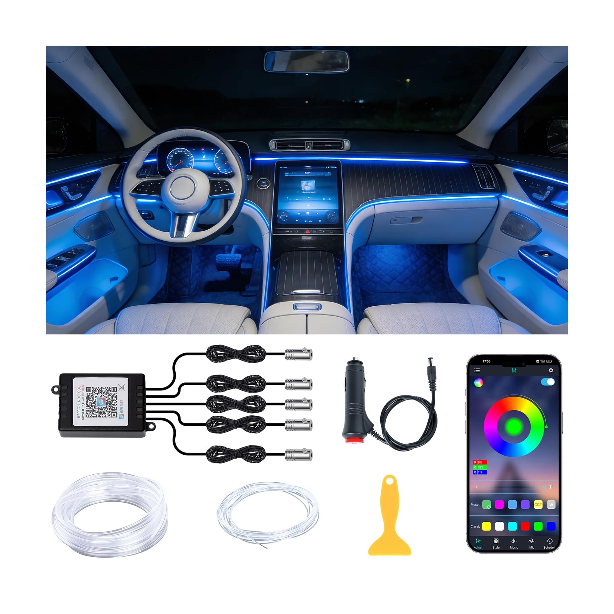 Interior Car LED Lights Wireless APP Control 5 in 1 RGB Ambient Lighting Kit with 236" Fiber Optic, 16 Million Colors Music Sync Waterproof LED Strip Lights for Cars Trucks SUVs Auto Interior Decor
