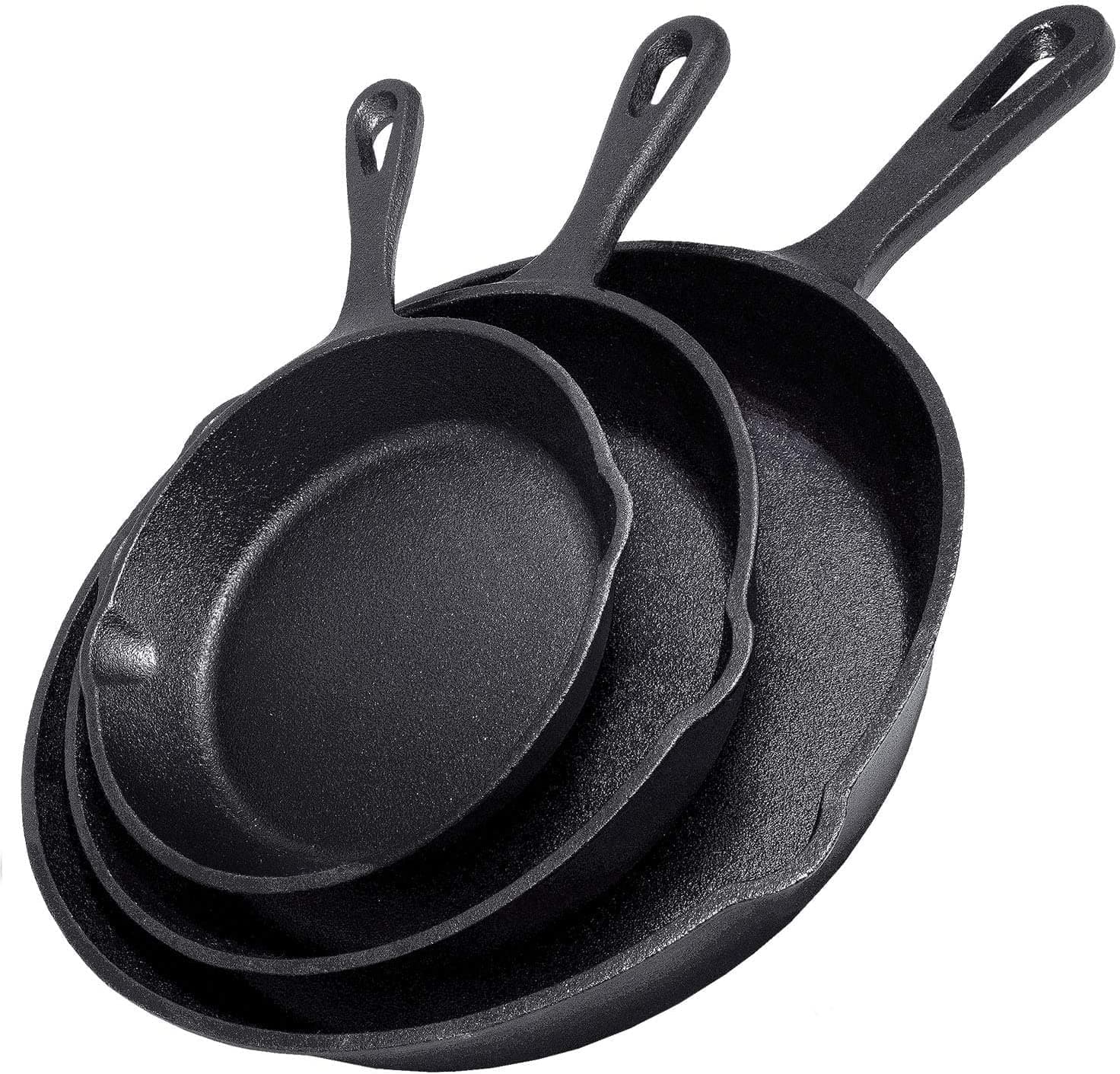 Cast Iron Skillet 3-Piece Set - Heavy-Duty Professional Restaurant Chef Quality Pre-Seasoned Pan Cookware Set - 10", 8", 6" Pans - For Frying, Saute, Cooking, Pizza & More,Black