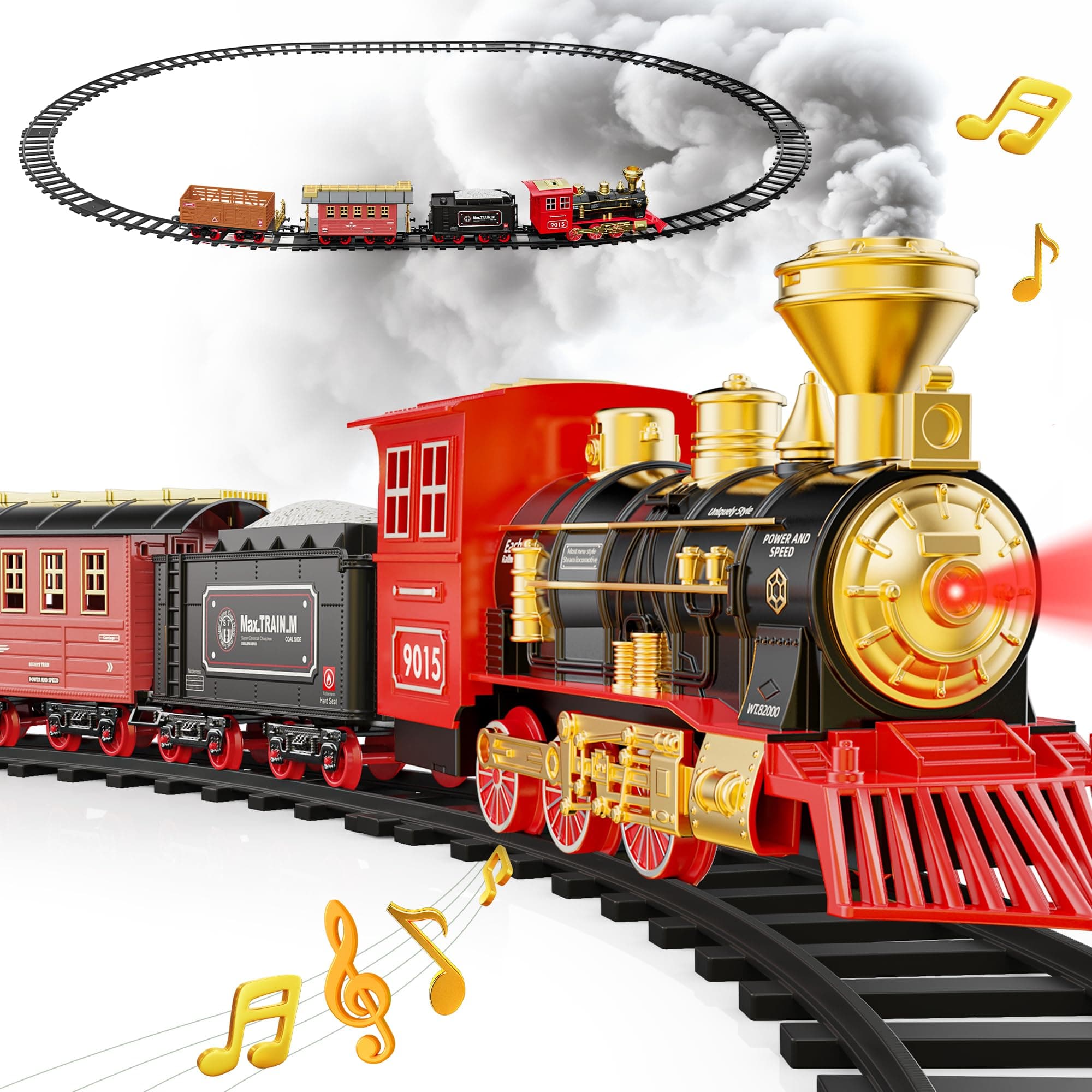 Hot Bee Christmas Train Set for 3 4 5 6 Year Old Boys Under Tree, Electric Train Set for Kids Adults, Train for Around the Christmas Tree, Steam Train Toy with Smoke