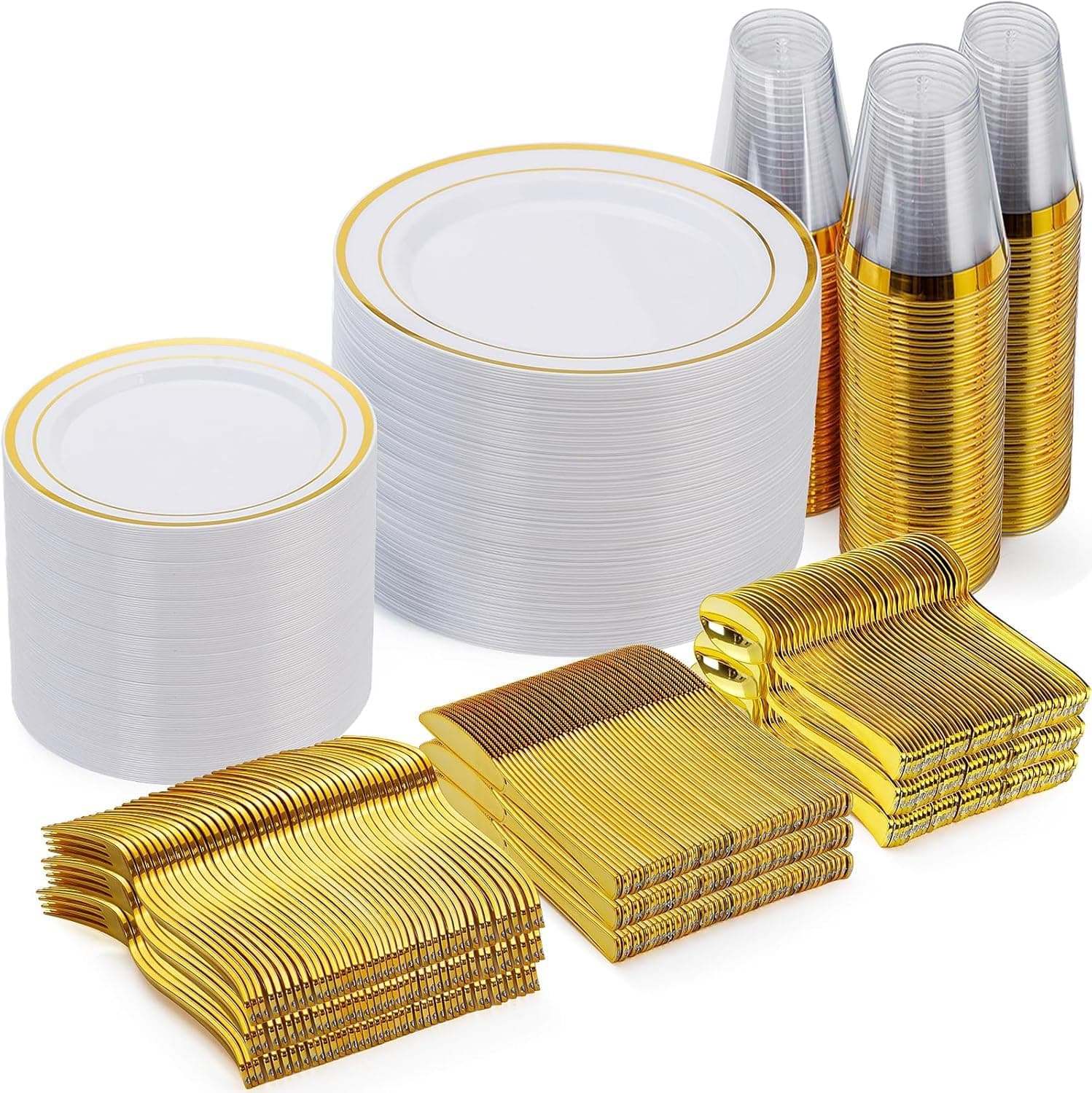 Goodluck 600 Pieces Gold Disposable Plates for 100 Guests, Plastic Plates for Party, Dinnerware Set of 100 Dinner and 100 Dessert Plates, 100 Spoons, 100 Forks, 100 Knives, 100 Cups