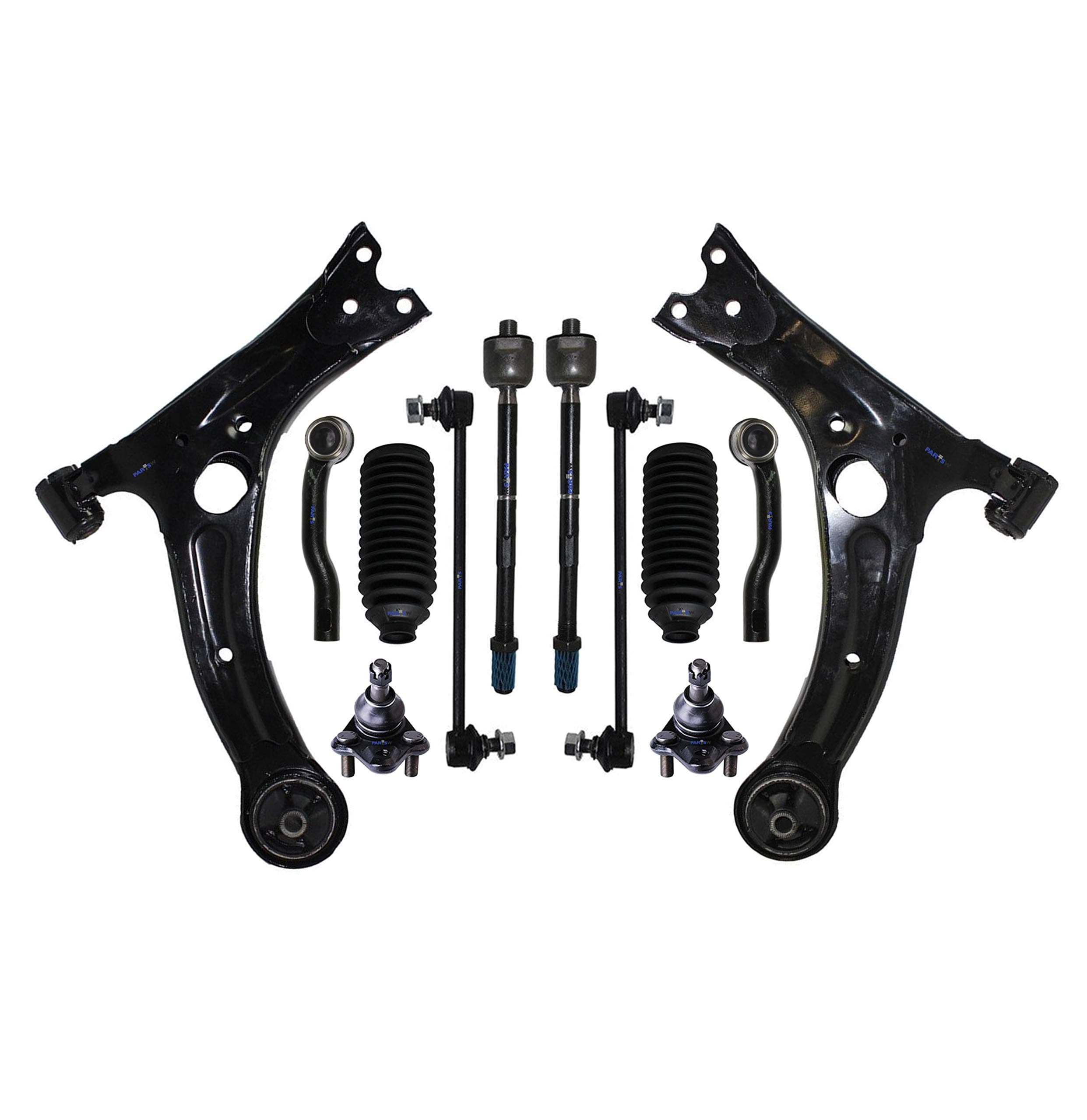 PartsW 12 Pc Complete Suspension Kit Front Lower Control Arms Left & Right Side Tie Rod End & Sway Bars Rack and Pinion Bellow Boots Lower Ball Joints
