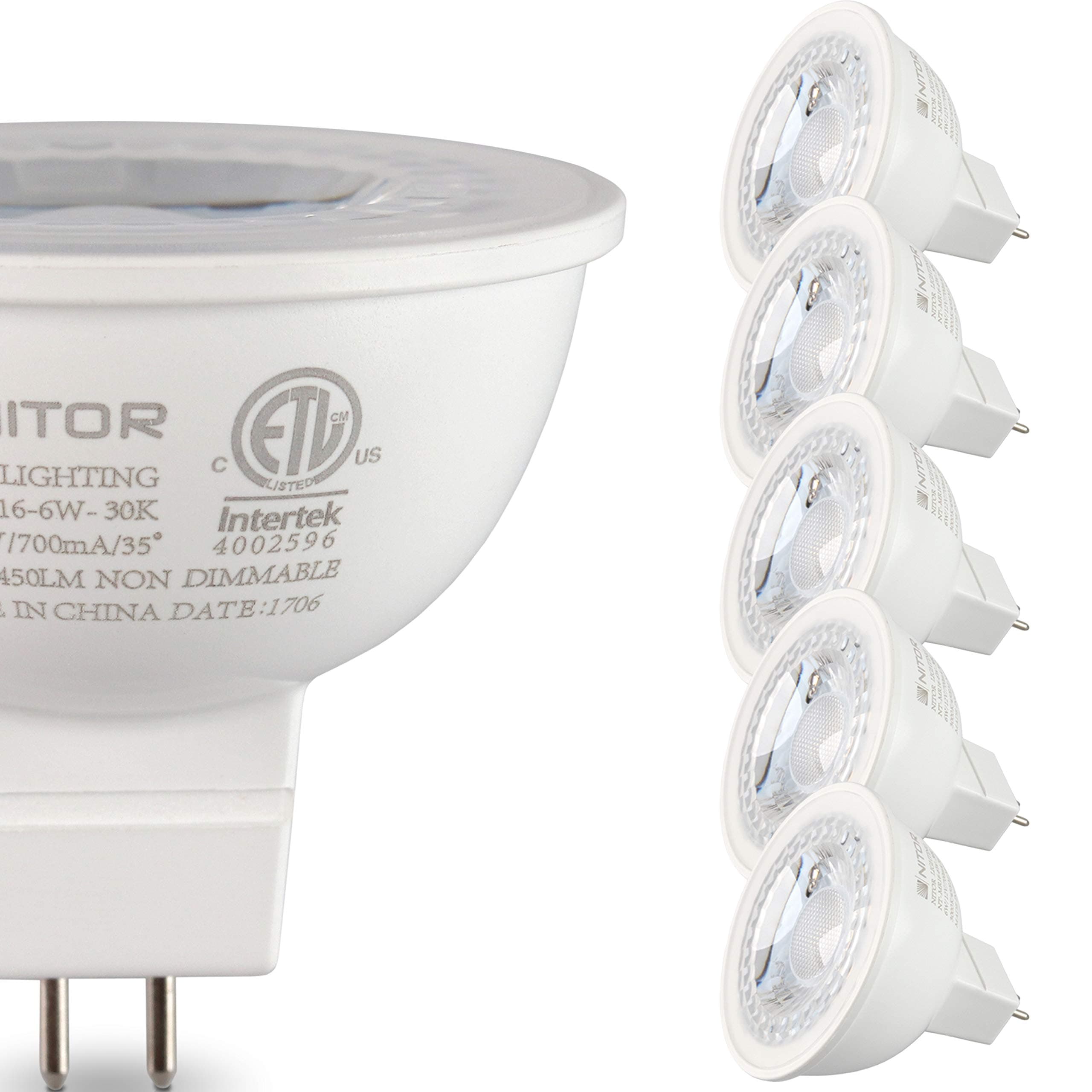 6-Pack LED MR16 bulbs, Non-Dimmable, 6 Watt, 50W Equivalent Halogen Replacement, Warm White 2700K, 450 Lumens, 30 Degree Beam Angle, UL Listed and Certified, Track Lighting