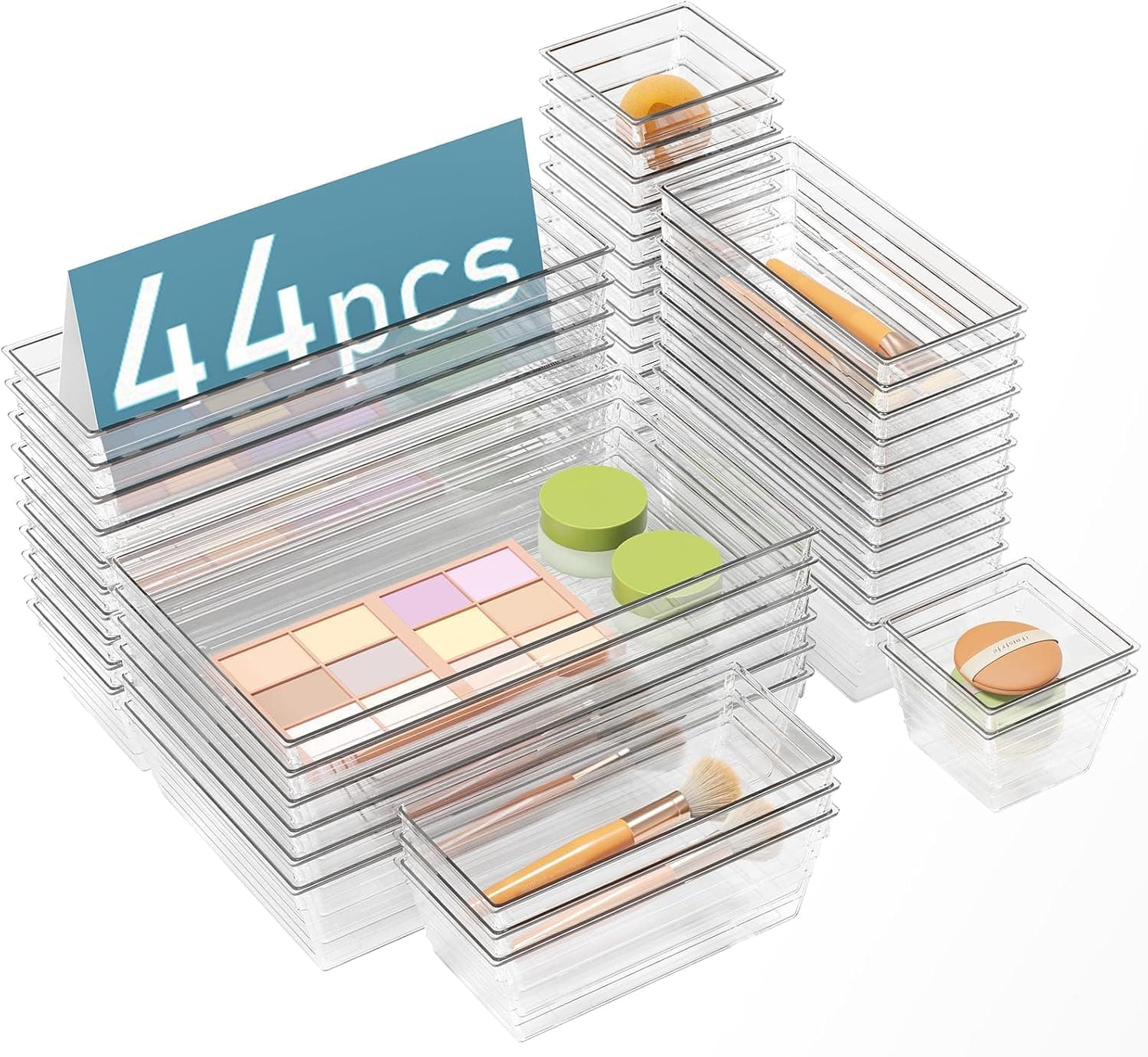 44 Pcs Clear Plastic Drawer Organizers, 4 Size Large Storage Organiser Set for Kitchen, Organizers Divider Trays for Bathroom, Makeup, Fridge Organiser, Bedroom, Office, Utensils, Jewelries