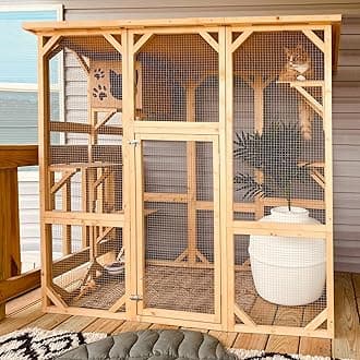 GrepatioCat Enclosure Large Outdoor Catio Wooden Cat House with Weatherproof, Cat Cage Condo Indoor Playpen with Platform and Small House(Natural)