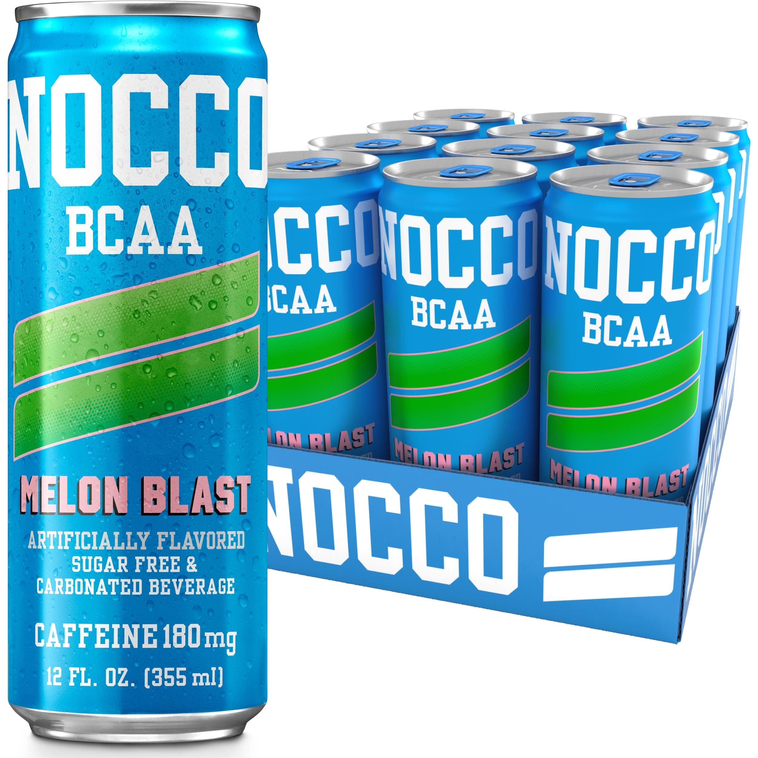 NOCCO Zero Sugar Energy Drink, Melon Blast - 12 Fl Oz (Pack of 12) - 180mg Caffeine, Sugar Free, BCAAs - Branched Chain Amino Acids, Carbonated & Low Cal, B Vitamins, Grab & Go Performance Beverage