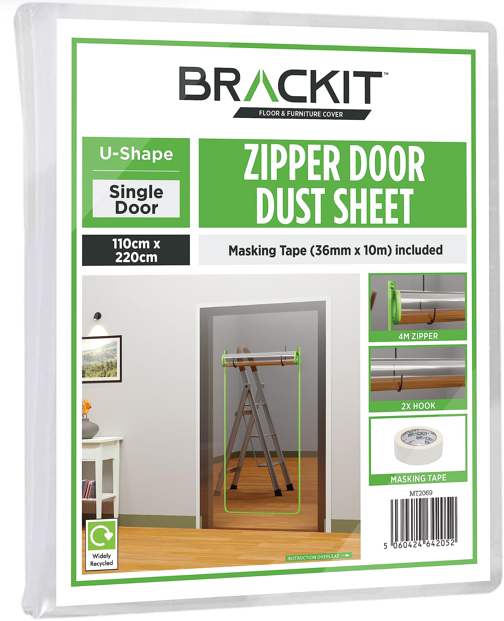 brackit U Shape Zipper Door dust Sheet with pre-Assembled 4m Zipper. 100cm x 220cm (1m x 2.2m) with Masking Tape 36mm x 10m