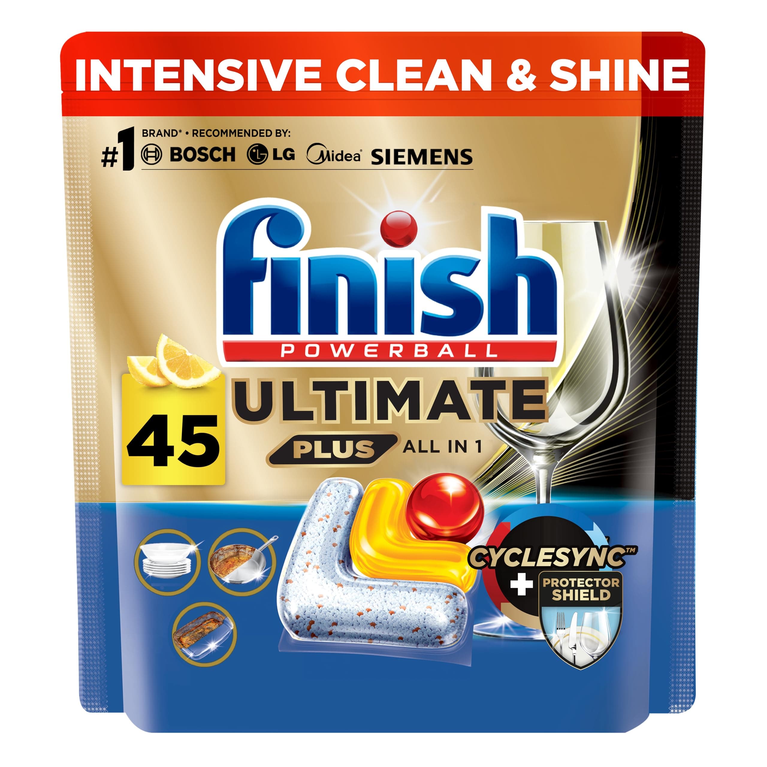 Powerball Ultimate Plus Dishwasher Detergent, Lemon Scent, 45 Tabs