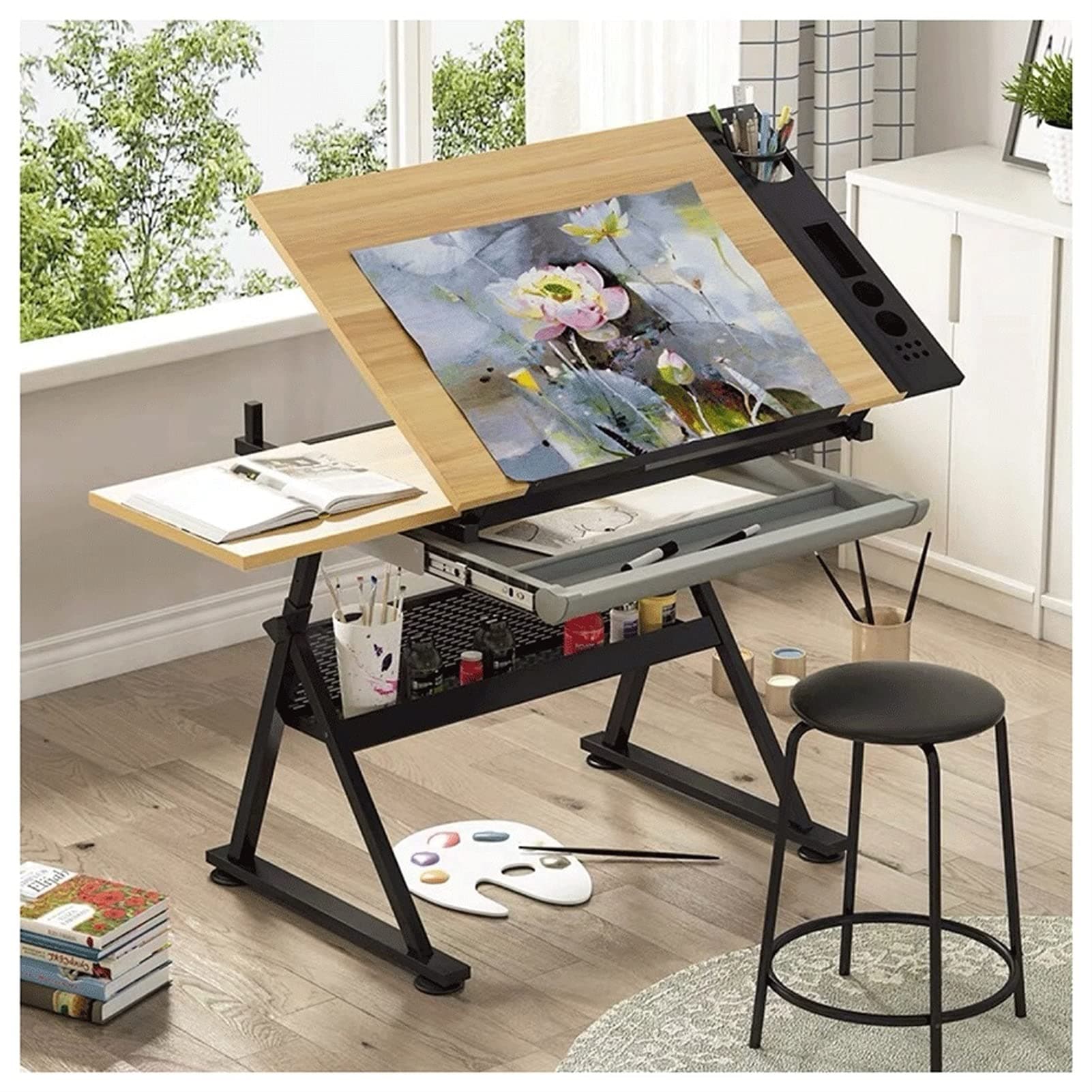 Wyhgry Folding Adjustable Drafting Table,Craft Table Drawing Desk Writing Desk Studio Desk,with Storage Drawer Sketching Painting Work Station (Color : WOOD)