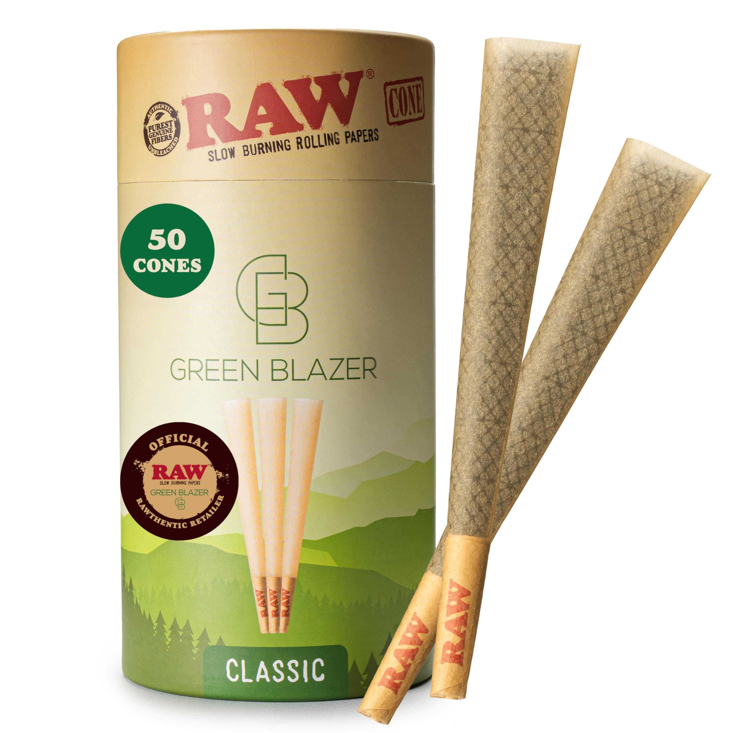 Cones 1 1/4 Size: 50 Pack Patented Slow Burning Pre Rolled Rolling Papers & Tips, Classic Raw Paper, 84mm