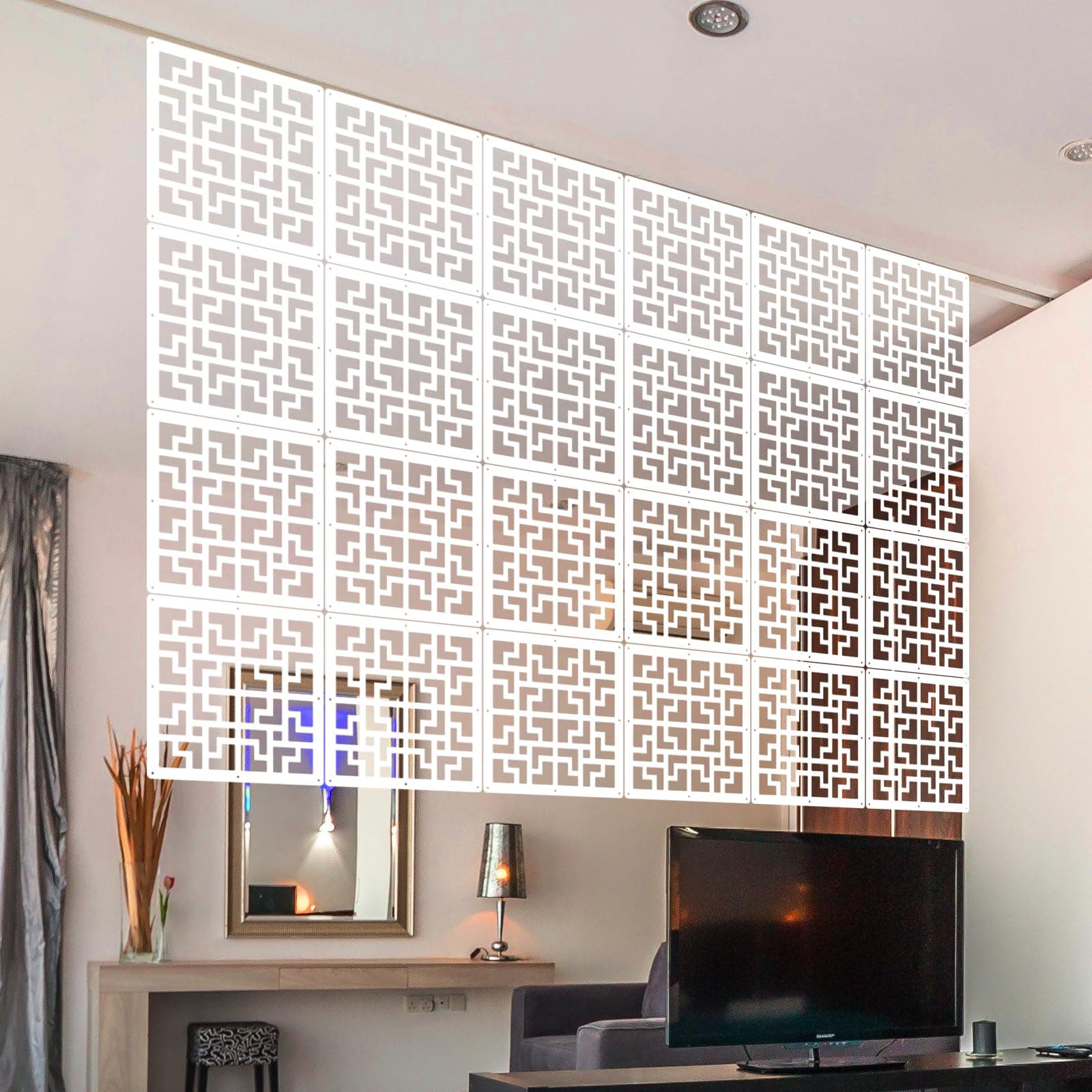 ANMINY 36 PCS Hanging Room Divider Decorative Thick Wall Screen Panels Floral Carving Pattern Hollow Out Design for Bedroom Living Dining Room Kitchen Office Restaurant Home Hotel Decor - White Maze