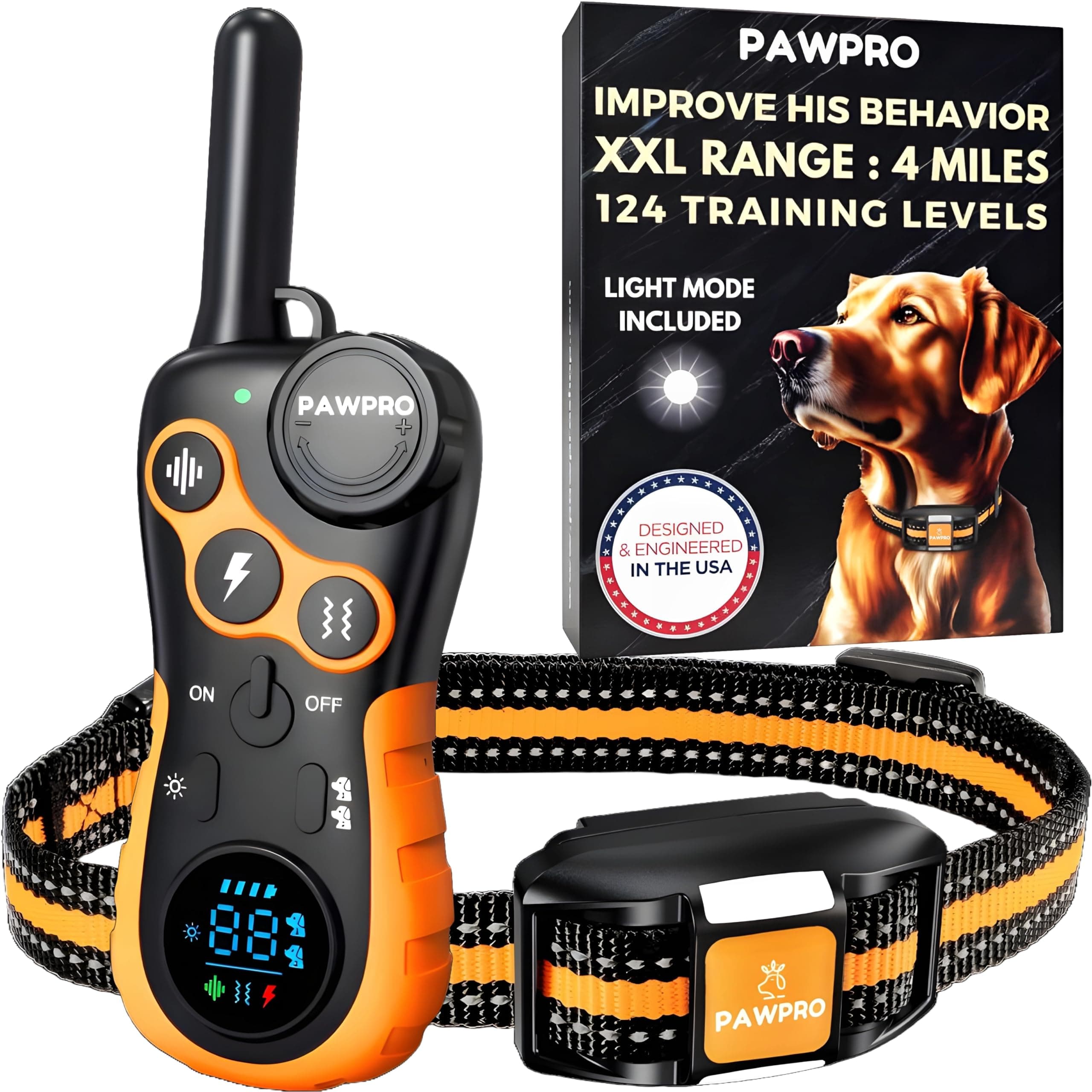 - Dog Shock Collar with Remote, Unmatched 4-Mile Range, Night-Light Mode, Training Guide Included, 124 Training Levels & 4 Modes, Beep Vibration Shock, Waterproof Rechargeable, Fits All Dogs (1 Collar)