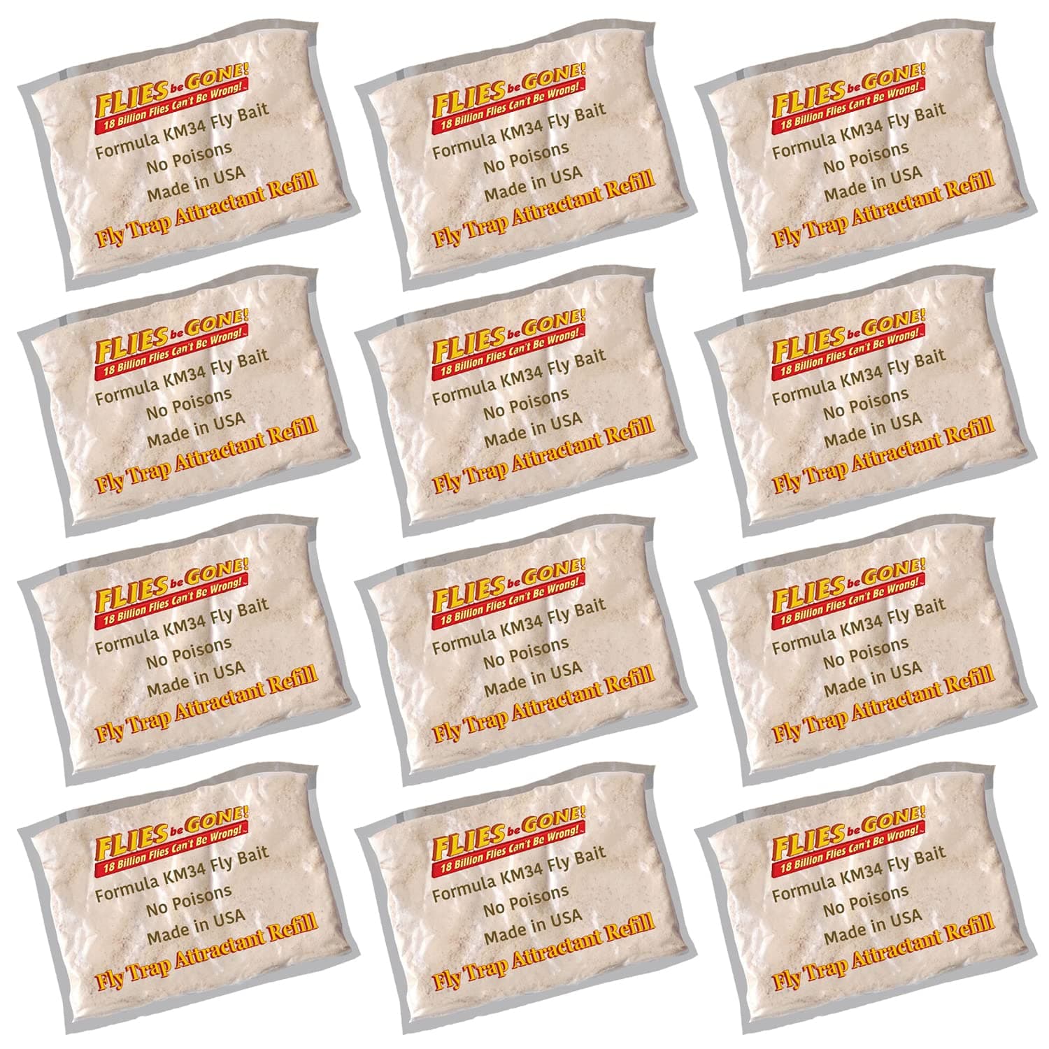 Flies Be GoneOriginal Fly Trap Attractant Refill (12 Pack) - KM34 Natural – NO POISONS – Non Toxic - for All Reusable & Rechargeable Fly Catchers