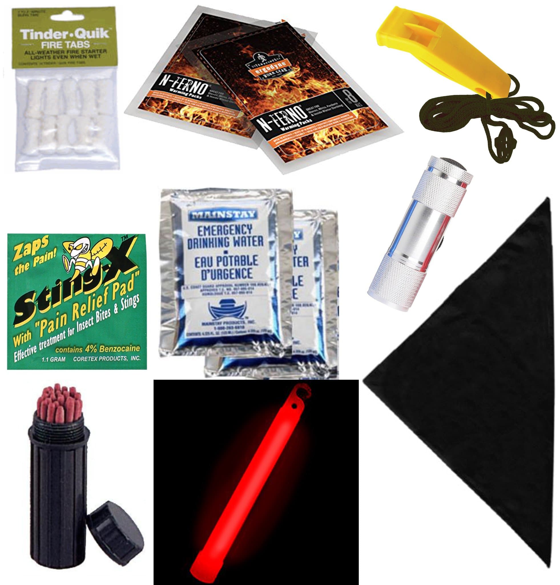 Survival Camping Kit Flashlight Hand Warming Packs, whistle, water, fire starter, sting relief, glow stick, bandana, match case emergency H20