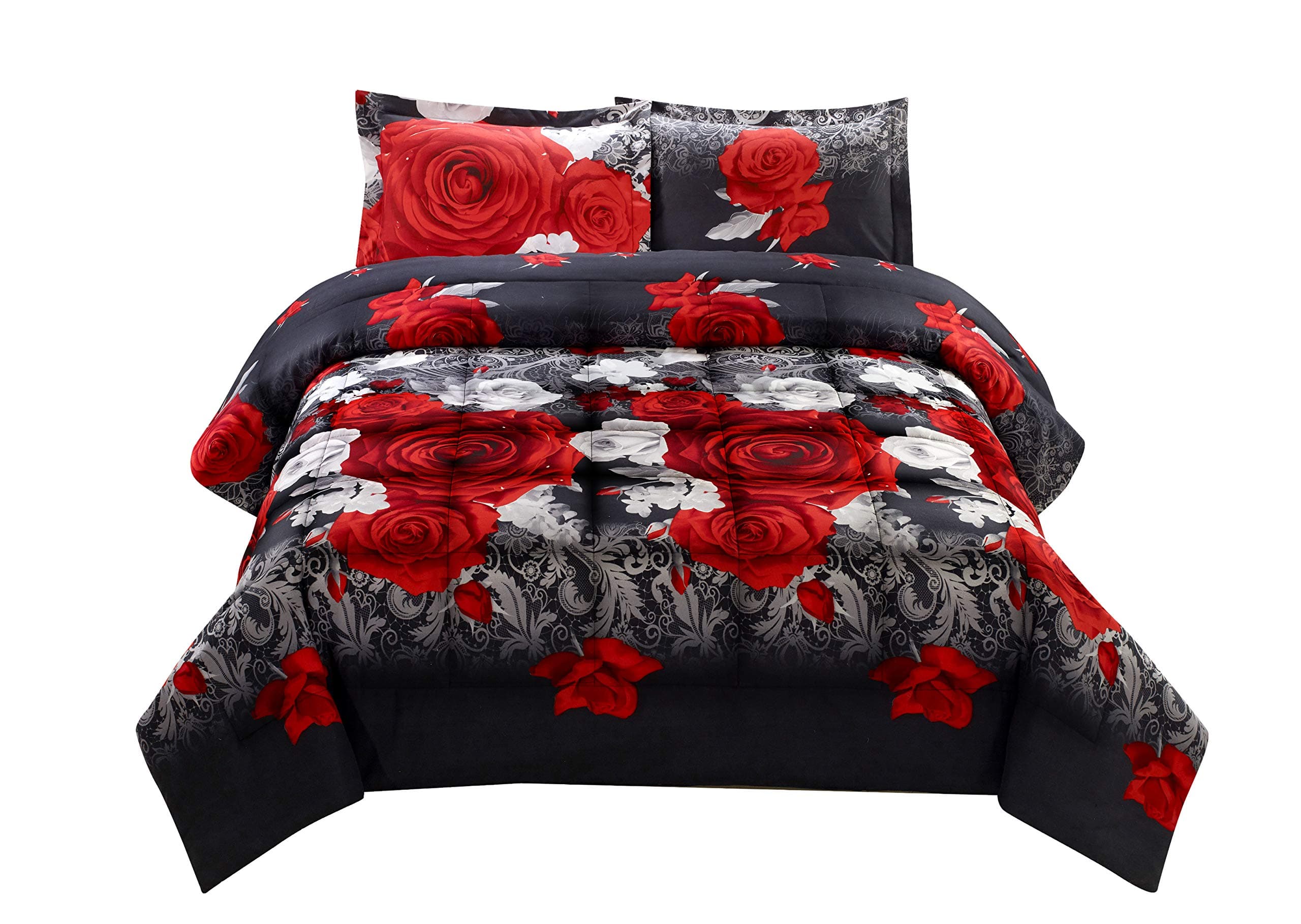 HIG 3D Comforter Set King - 3 Piece 3D Red and White Rose Reactive Print Comforter Set King Size (Y31) - Box Stitched, Soft, Breathable, Fade Resistant - Includes 1 Comforter, 2 Shams