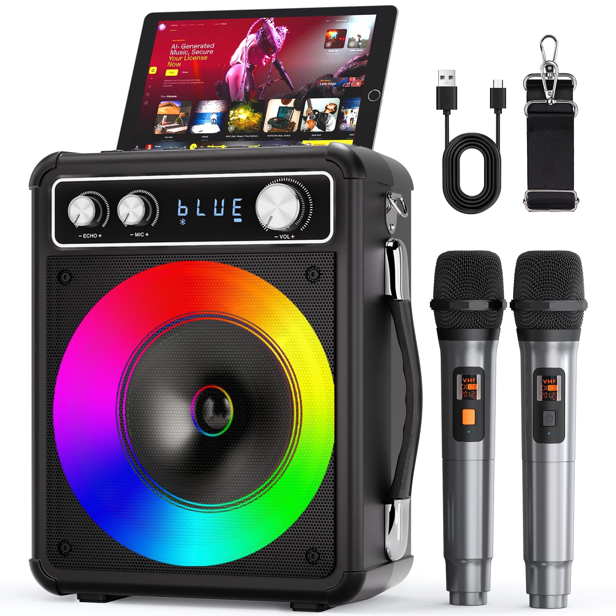 Karaoke Machine with 2 Wireless Microphones, Portable Bluetooth Speaker for Adults Kids, PA Systems Support TWS Echo Adjust TF USB AUX for Home Party Outdoor Travel