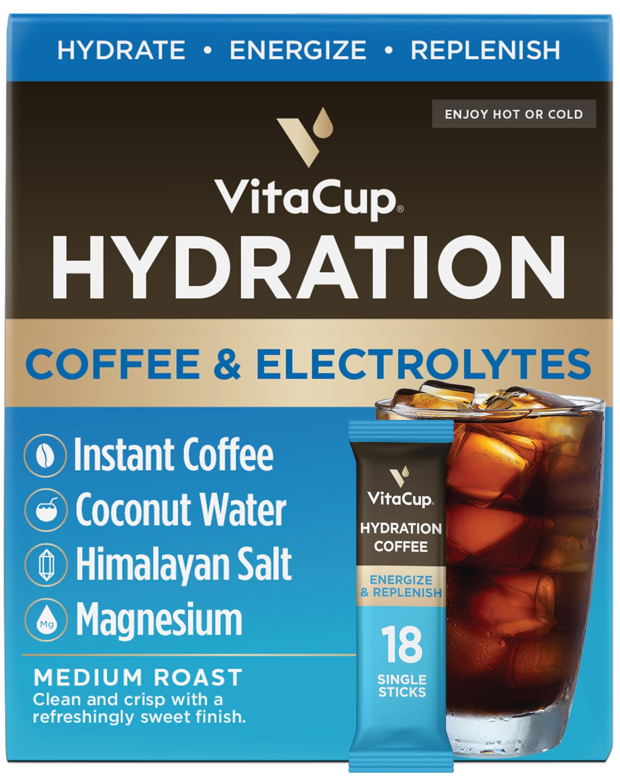 VitaCup Hydration Coffee Packets, The First Coffee That Hydrates You w/Electrolytes, Coconut Water, Pink Himalayan Salt, Magnesium, Medium Roast, Instant Coffee in Single Serve Sticks, 18 Ct
