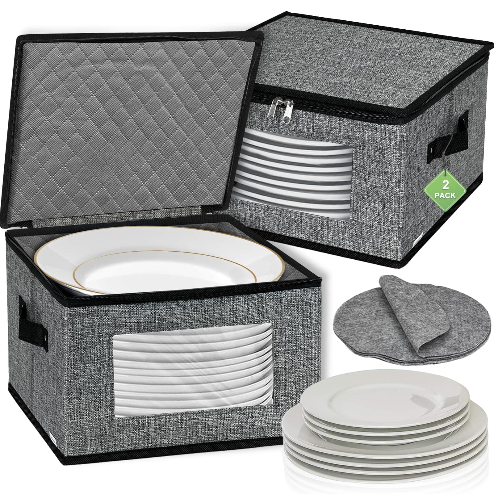 China Storage Containers, 12 Inch Dish Dinner Plate Storage Containers, Hard Shell Quilted Dinnerware Storage Box Case with Lids and Felt Protectors for Dishes Plates Storage and Moving (Dark Grey)