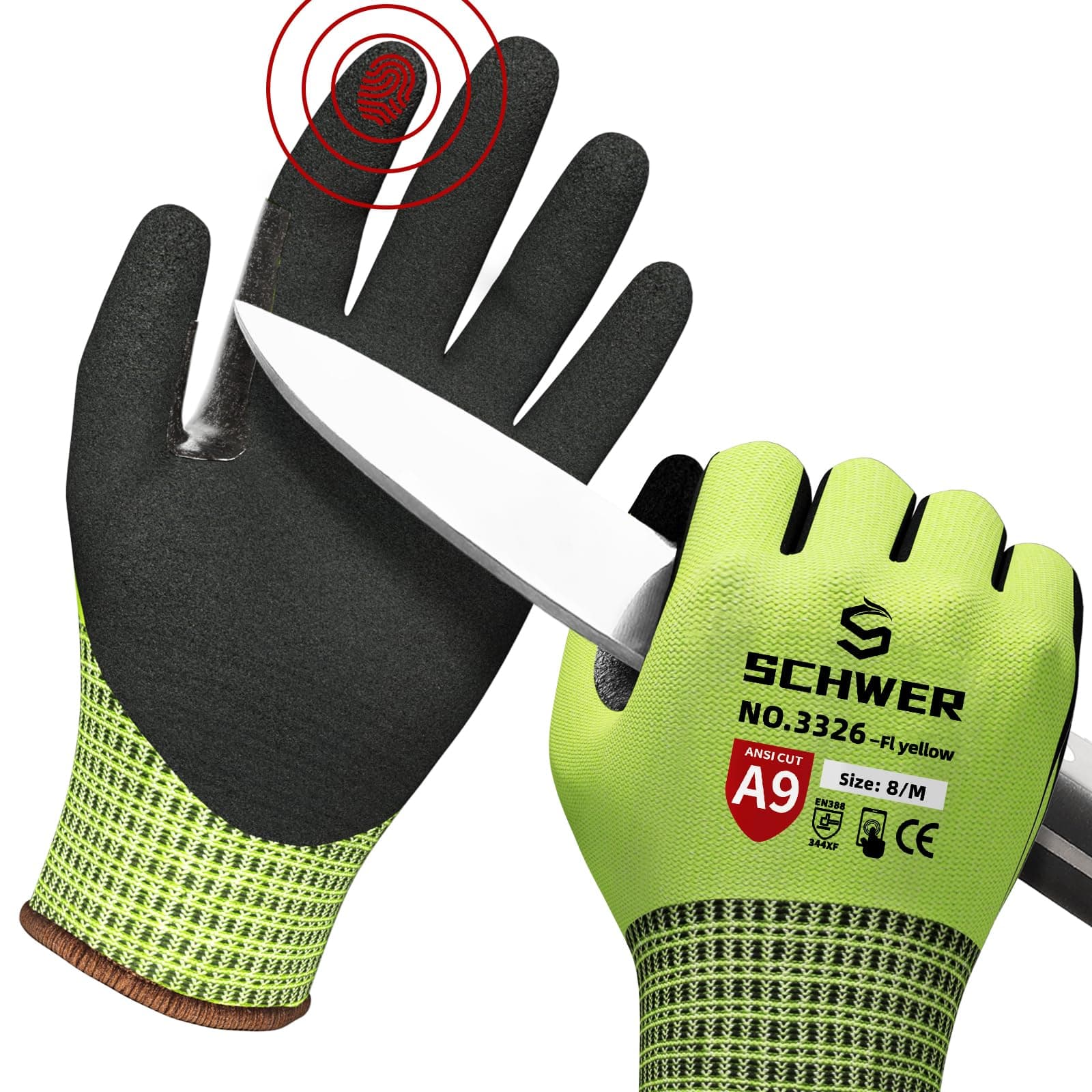 Schwer ProGuard Highest Level Cut Resistant Work Gloves PR3326 for Extreme Protection，ANSI A9 Cut Gloves with Reinforced Thumb, Non Slip, Breathable, Durable, Touch-screen, Yellow 1 Pair（M）