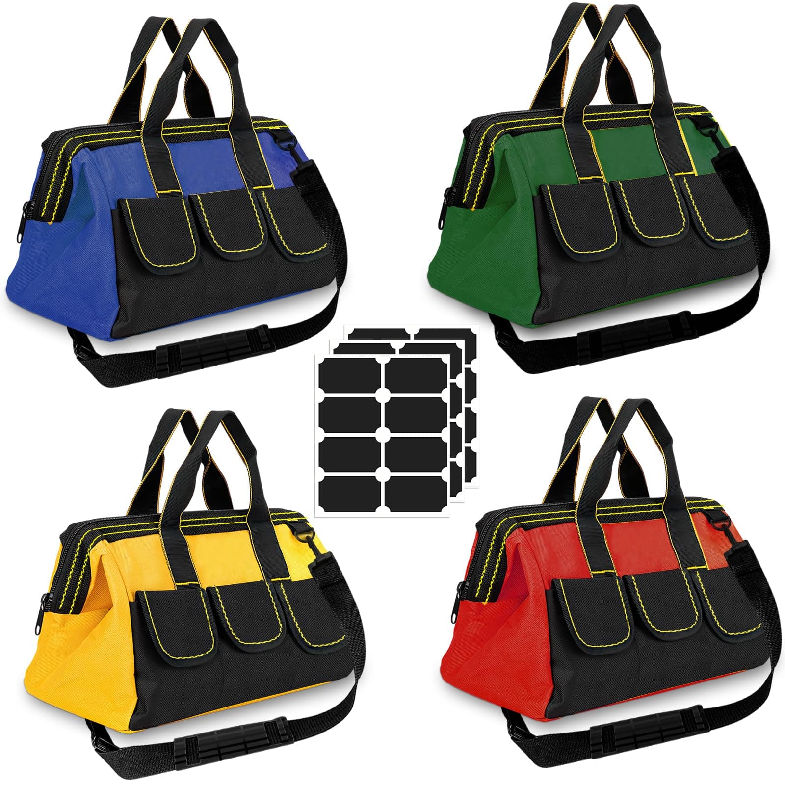 4 Pcs 13" Tool Bag for Men with Waterproof Hard Bottom, Multi Pockets Wide Mouth Tool Tote with Adjustable Shoulder Strap, Multifunctional Tool Bag Organizer Large Capacity Heavy Duty Tool Storage Bag