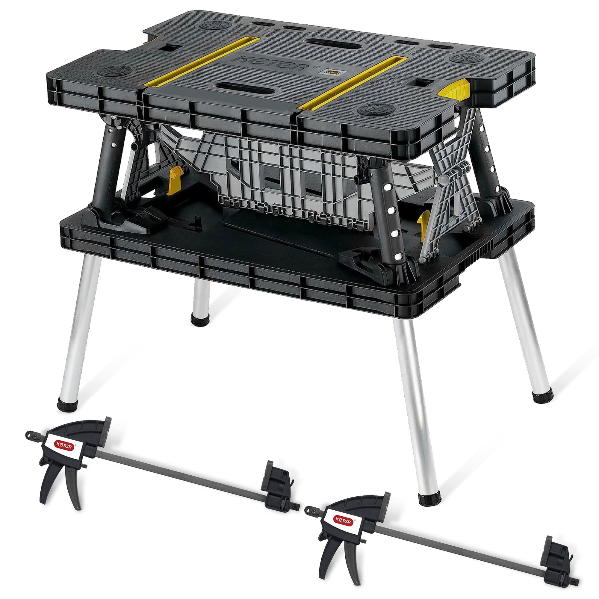 Keter - 197283 Folding Table Work Bench for Miter Saw Stand, Woodworking Tools and Accessories with Included 12 Inch Wood Clamps – Easy Garage Storage Black/Yellow