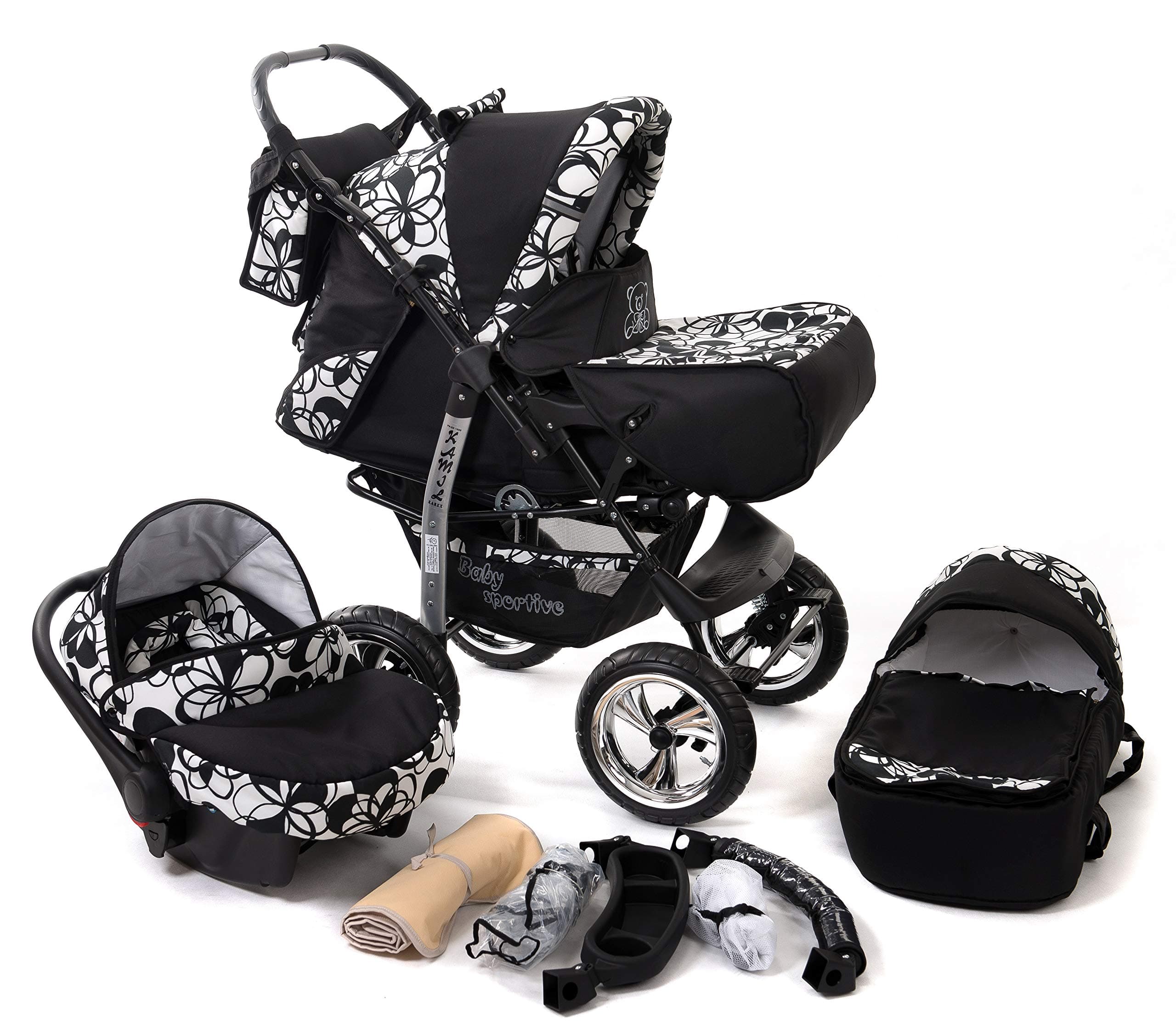 Kamil, Classic 3-in-1 Travel System with 4 Static (Fixed) Wheels incl. Baby Pram, Car Seat, Pushchair & Accessories (3-in-1 Travel System, Black & Flowers)